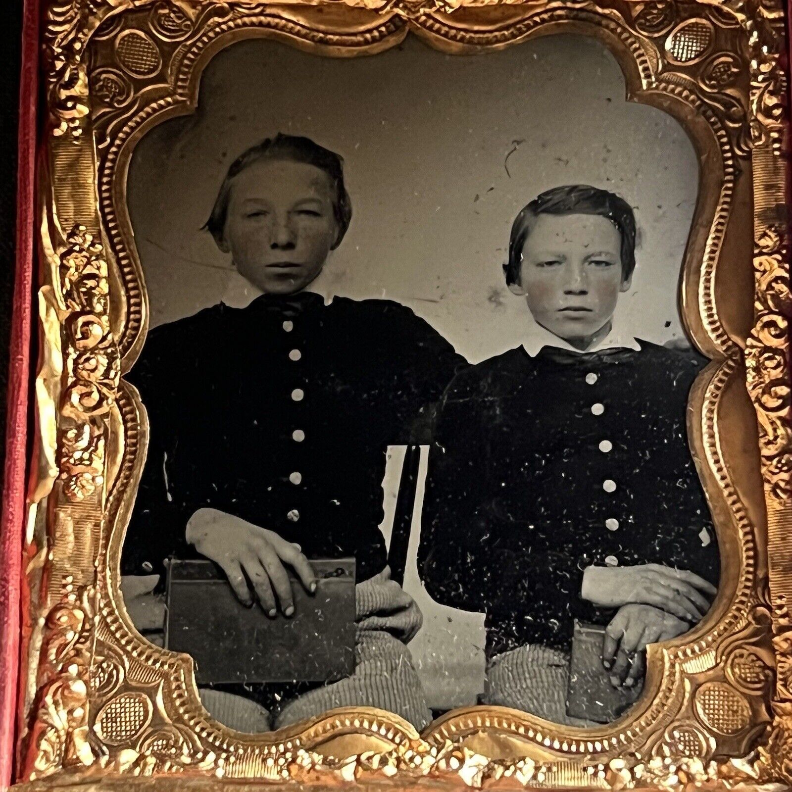 Antique Tintype Photograph Adorable Little Boys Holding School Books Brothers