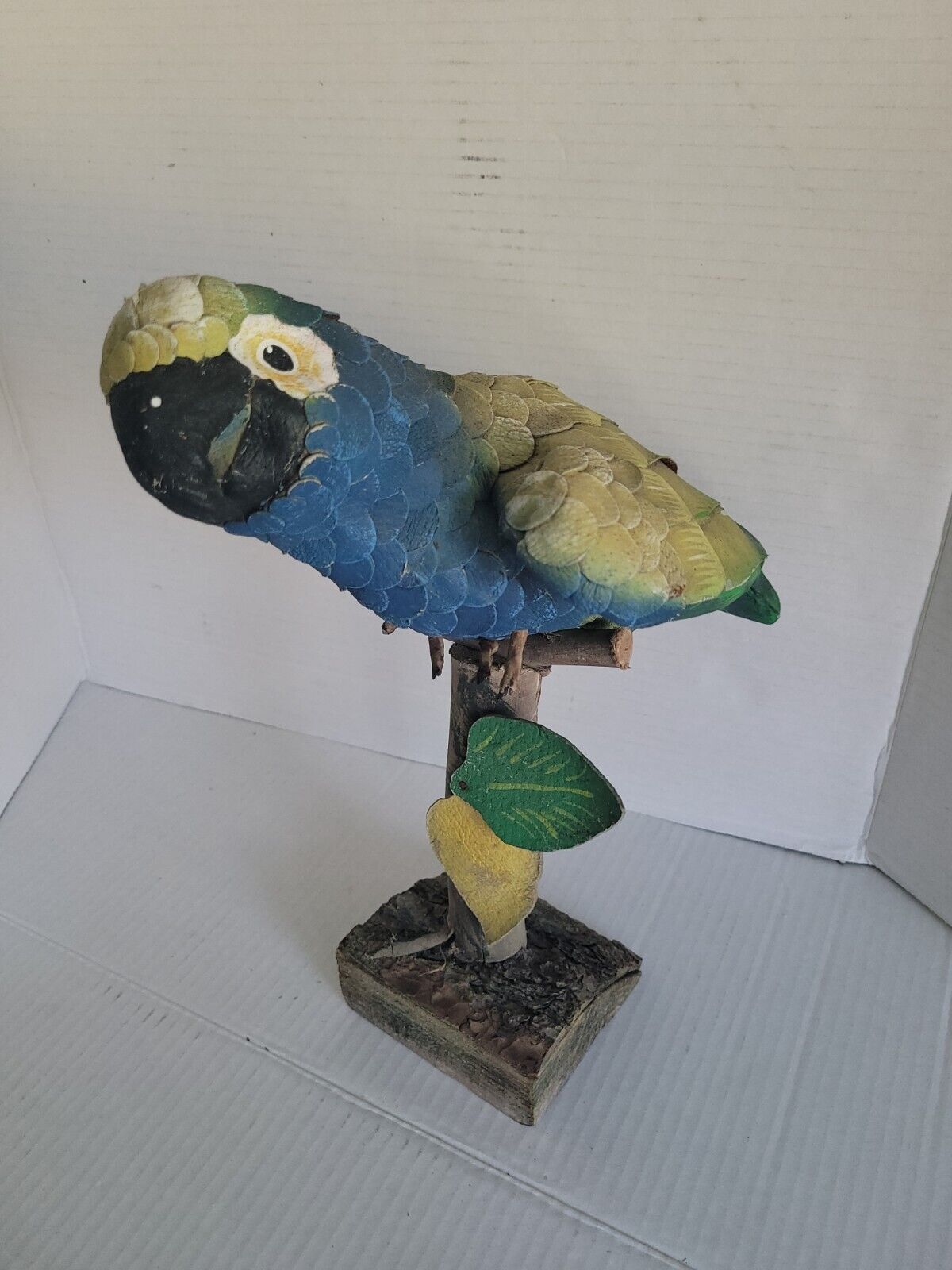 Vtg Leather Hand Painted Parrot On Wood Stand Mexican Folk Art Handmade 