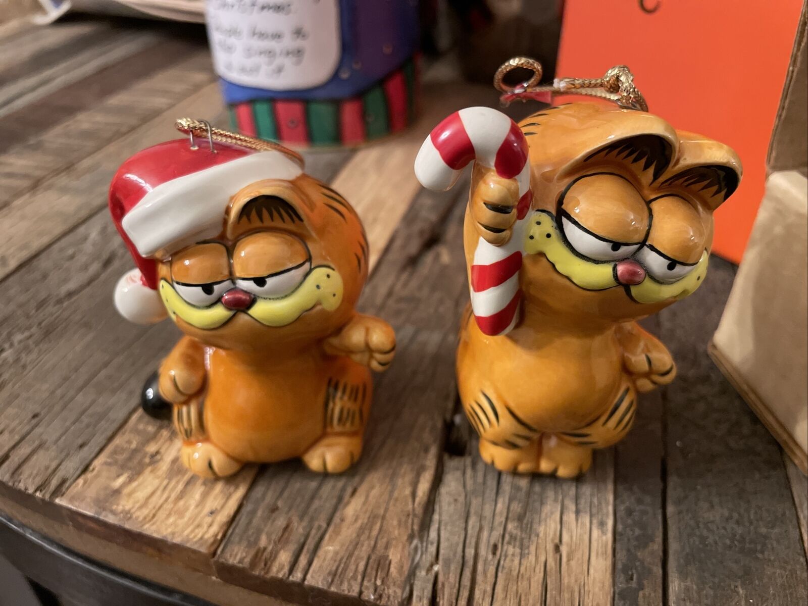 Lot of 2 Vtg Garfield Christmas Ornaments Holiday Santa Enesco 1978 Candy Cane