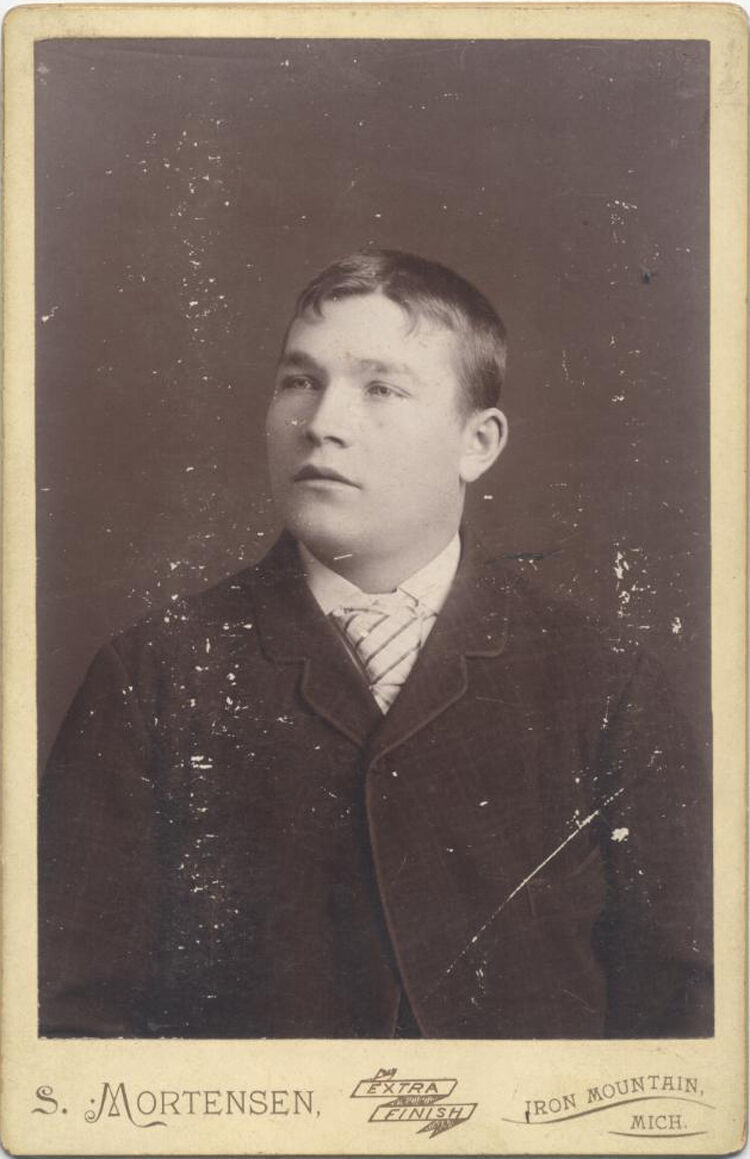 CABINET CARD, YOUNG BOY WITH A DAZED LOOK ON HIS FACE. IRON MOUNTAIN MICHIGAN.
