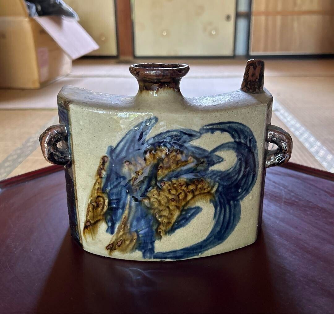 Dachibin Sake Hip Flask Vintage Okinawan Pottery Japanese Ceramic FishJug Bottle