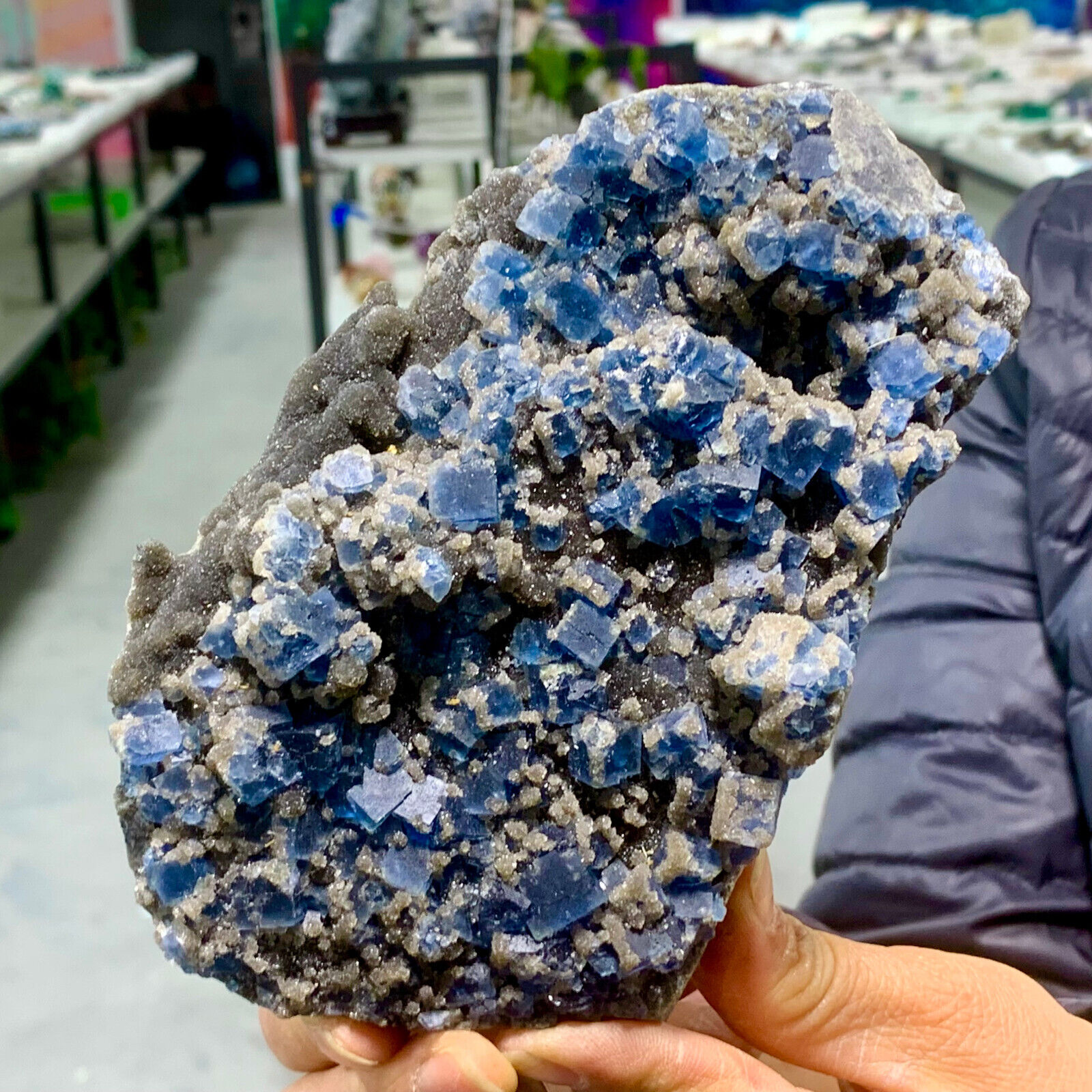 1.61LB Natural blue cubic fluorite crystal cluster mineral samples