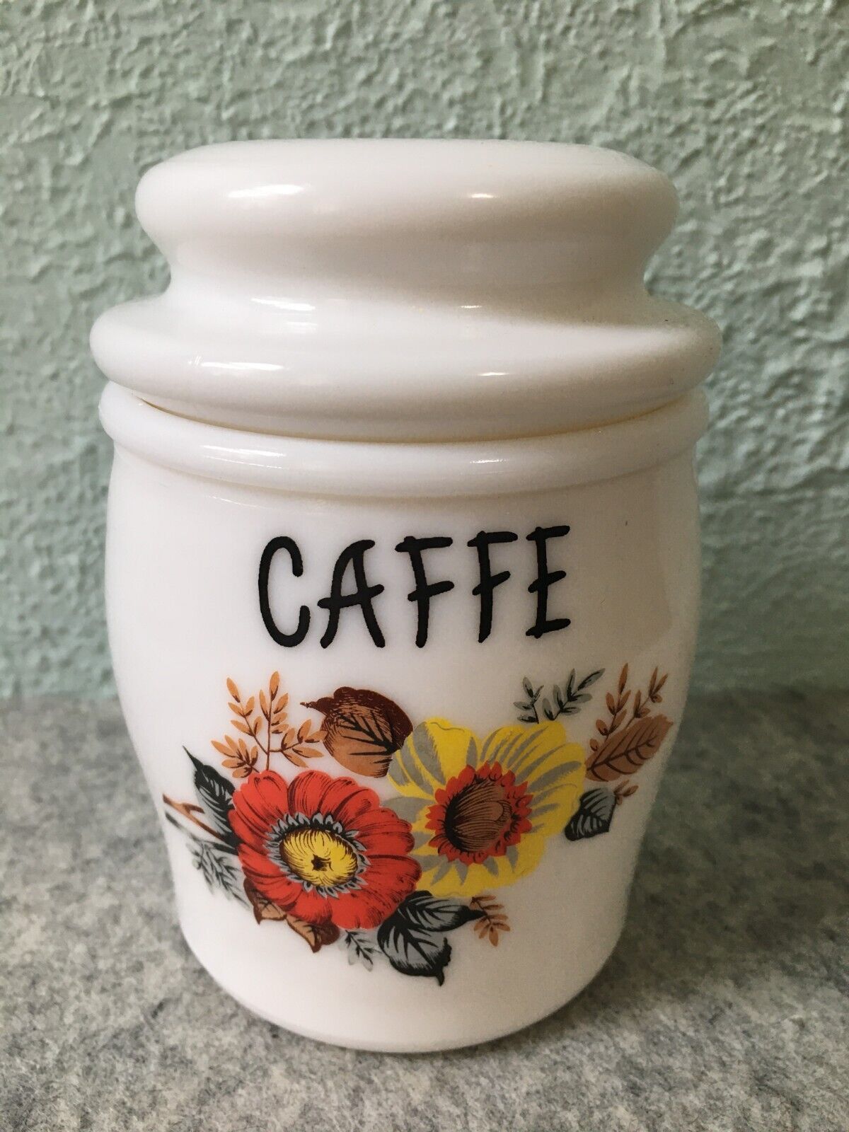 Vintage Italian Milk Glass Caffe Coffee Canister Jar Autumn Floral Design