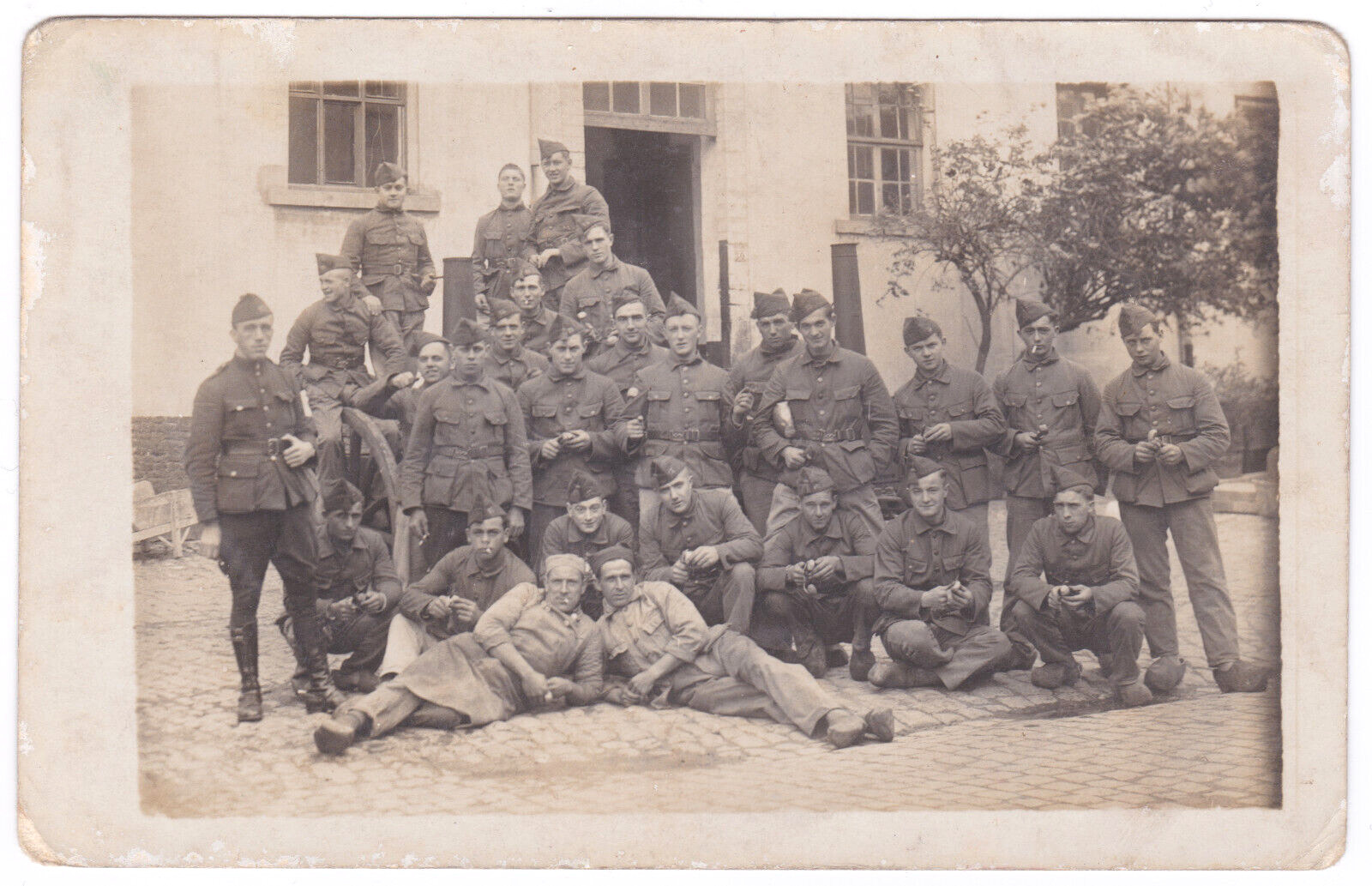 WW1 Era Soldiers Group Portrait Peel Potato Wood Clogs Cobblestone Belgium RPPC
