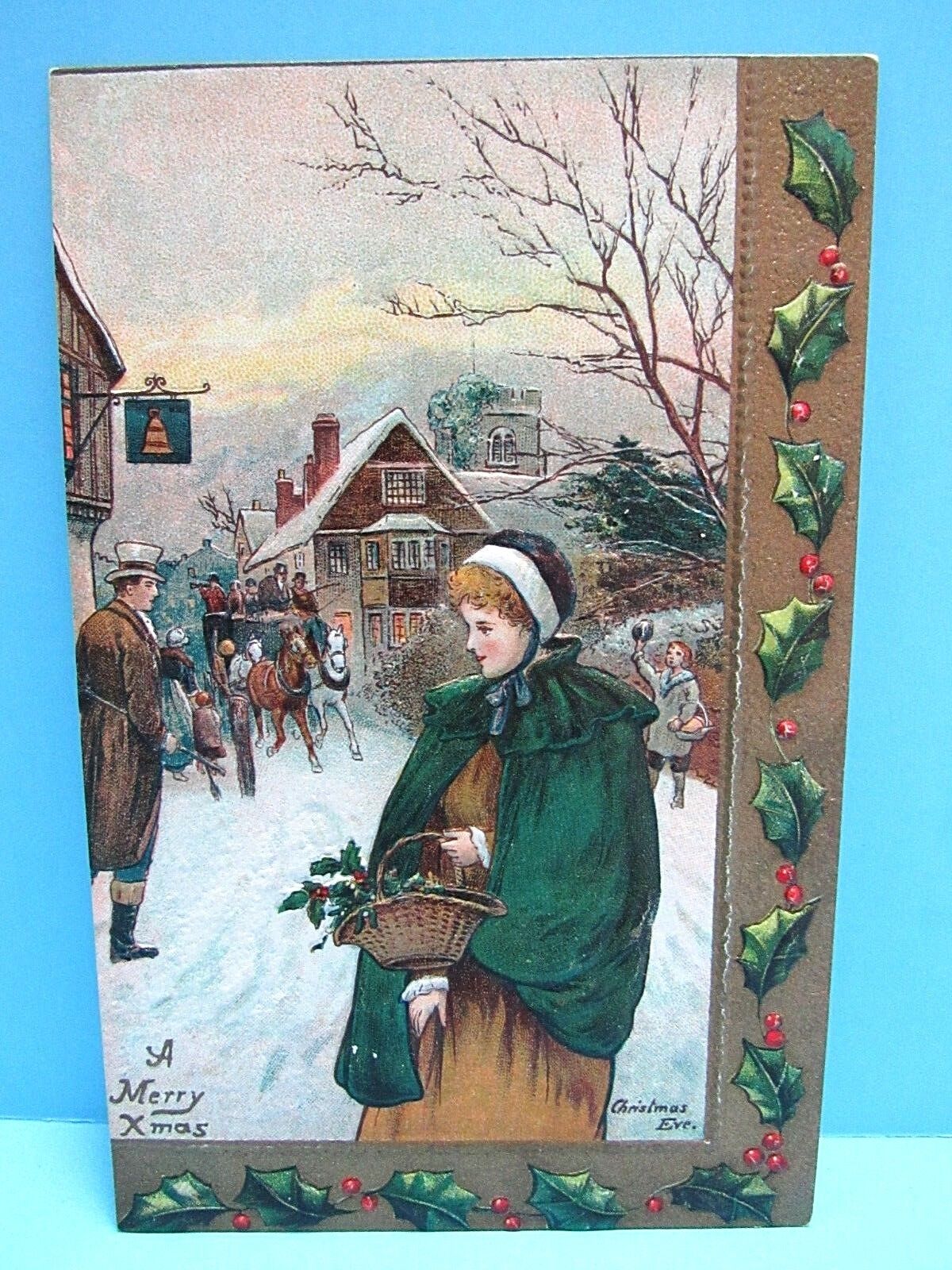 VTG 1900\'s EMBOSSED GOLD LEAF TRIM PC - WOMAN & BASKET ON CHRISTMAS EVE NOS-GMNY