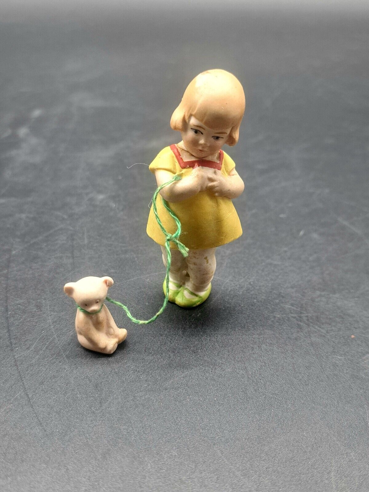 Antique German All Bisque Girl with Bear Figurine 3\