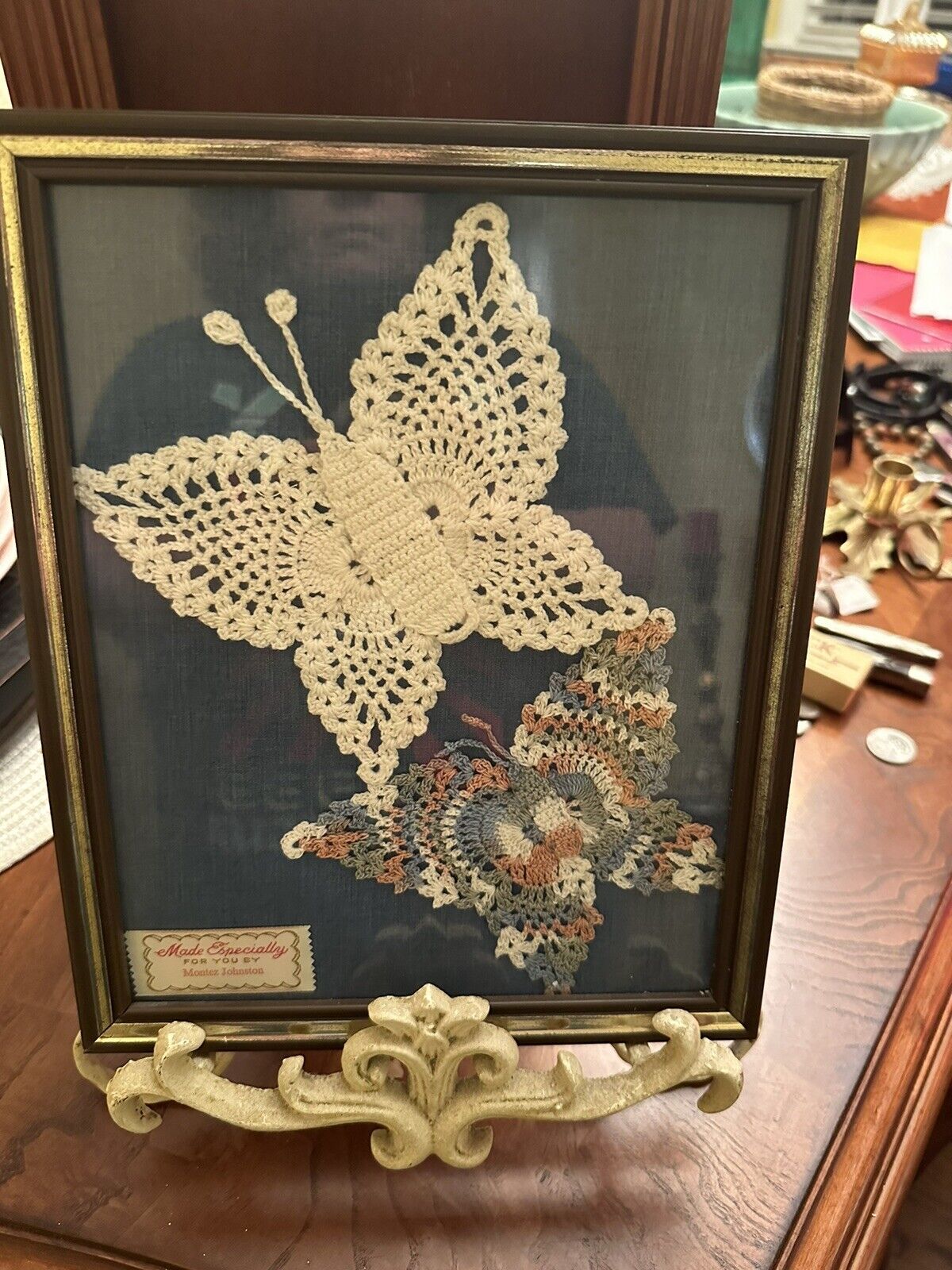 Vintage Framed Crotcheted Butterfly Doilies. Frame Is 8x10.
