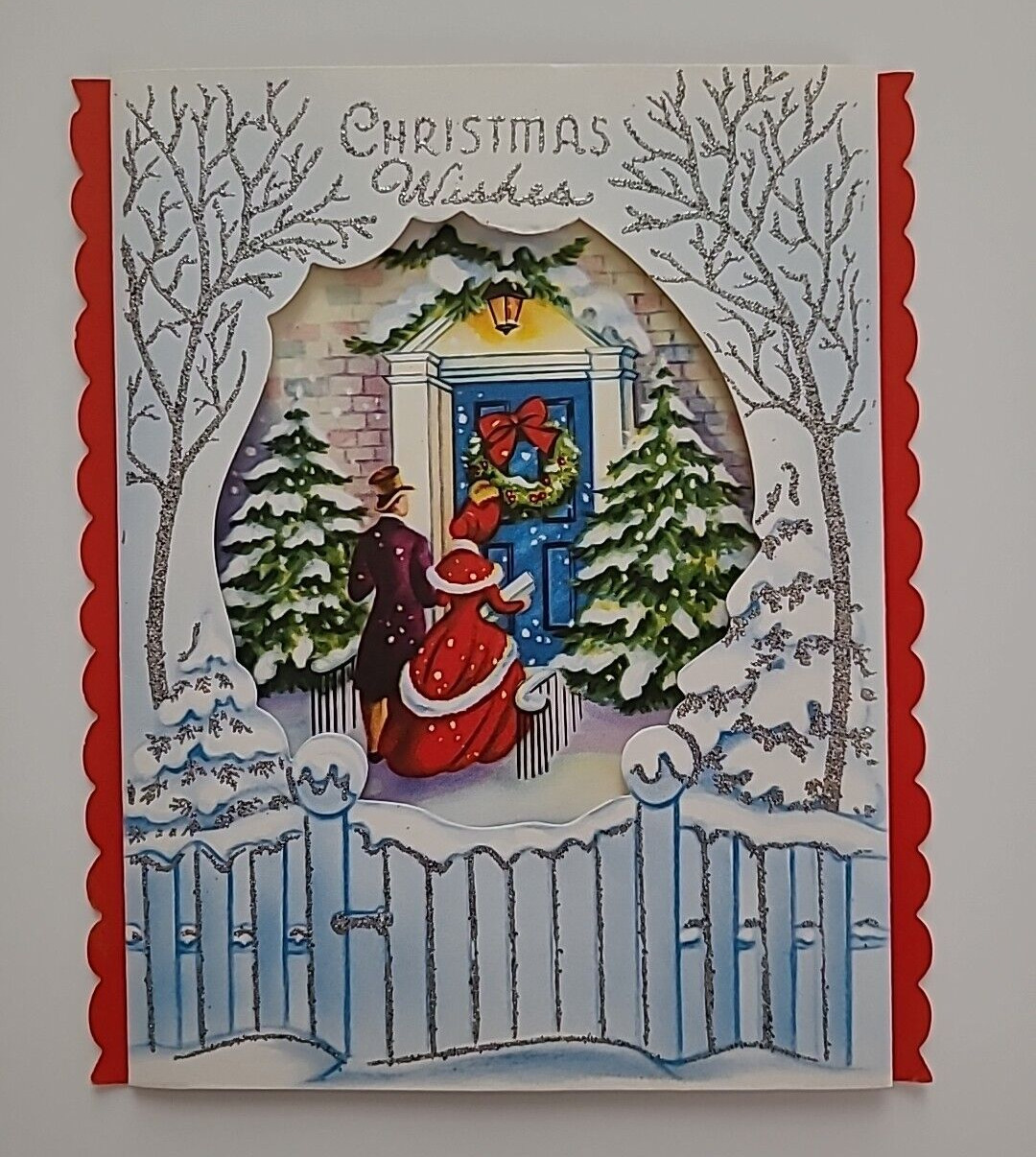 UNUSED Vtg 3D CHRISTMAS Couple at Door SILVERED Double Open Old Stock CARD