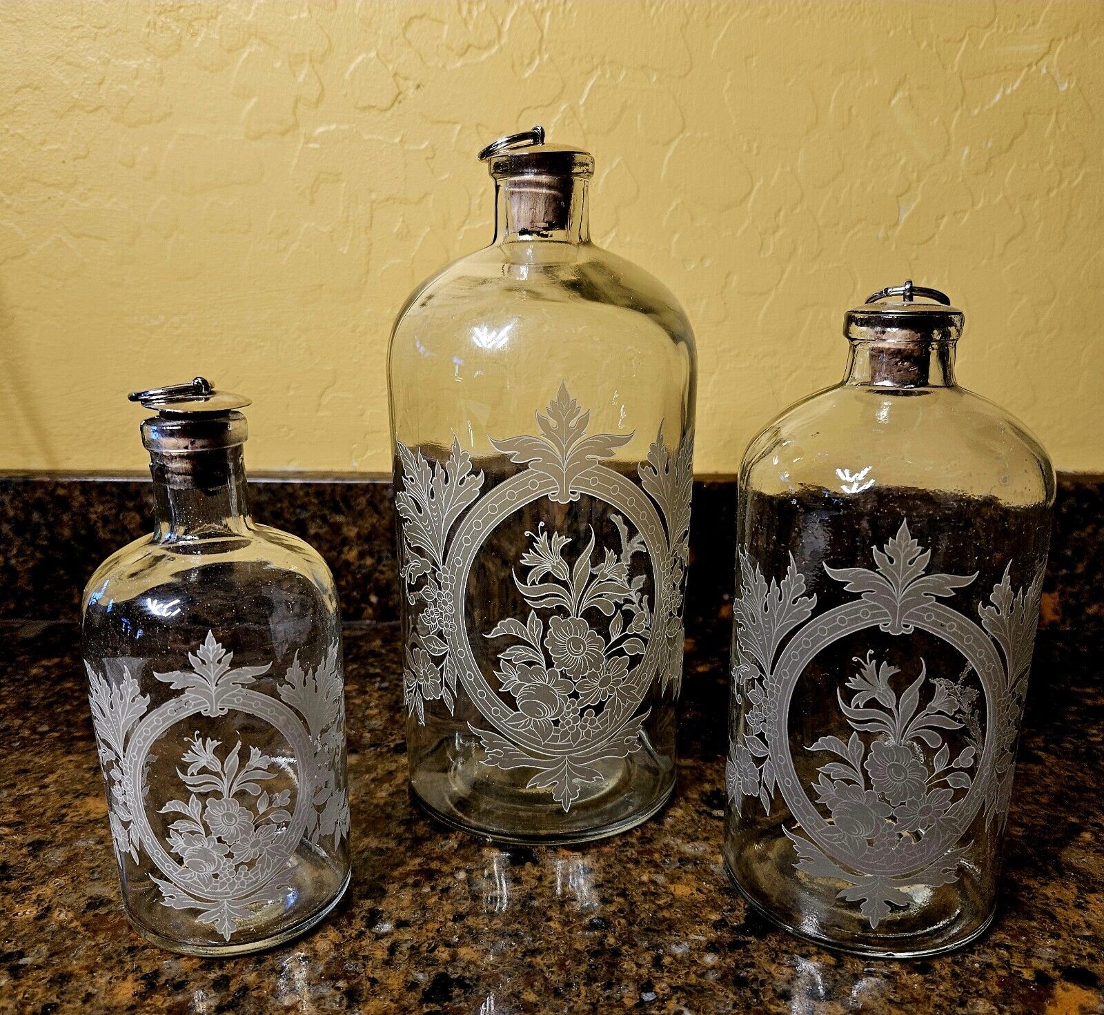 3  Vintage Frosted Etched Glass Apothecary Bottles Jars Cork Metal Top Stoppers