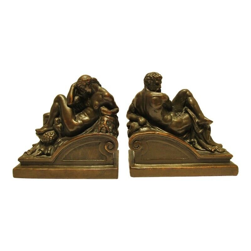 Antique Pair of Armor Bronze Night and Day Bookends after Michelangelo c. 1920's