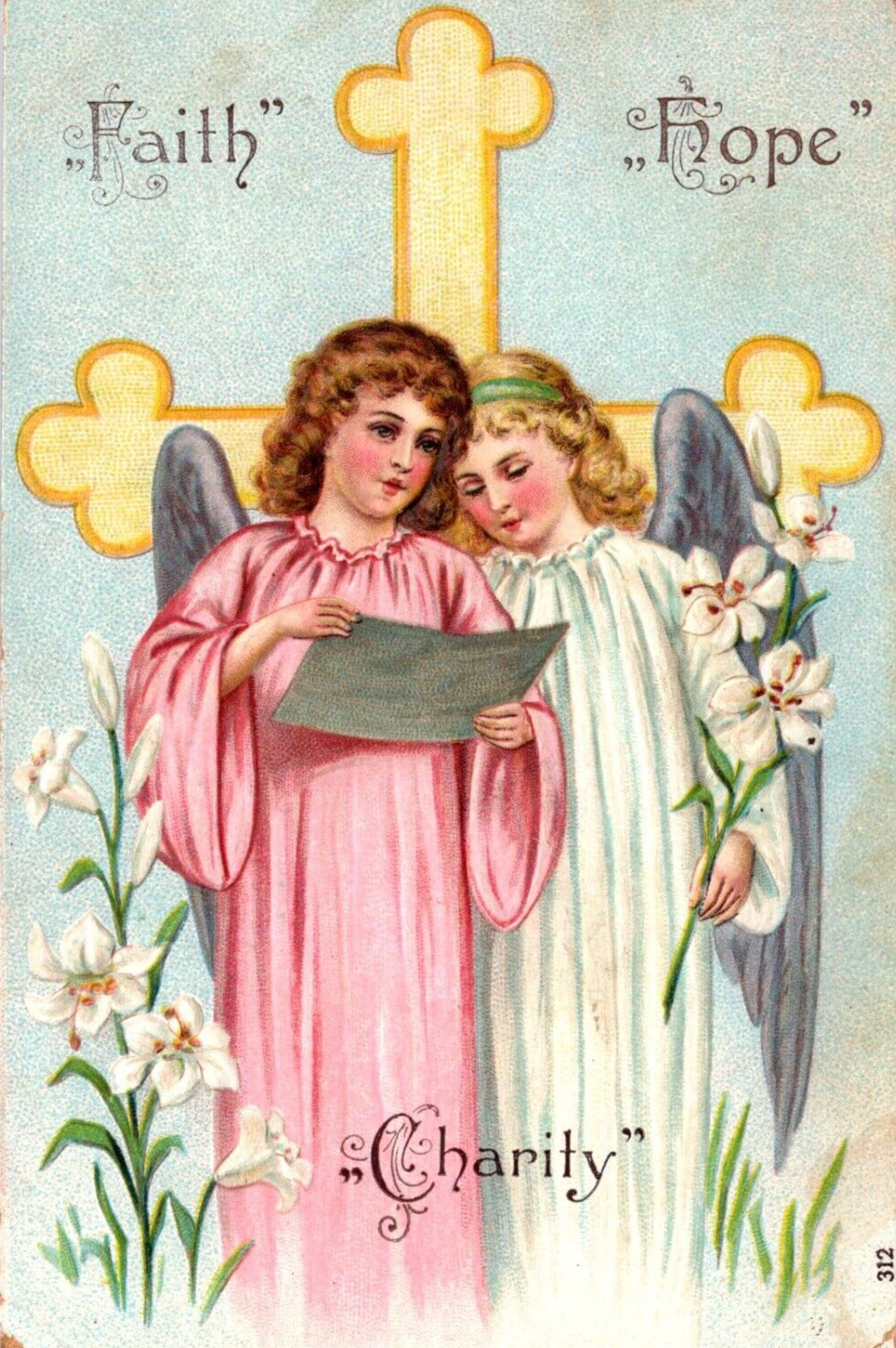 Easter Postcard Angels Young Girls Faith Hope Charity Cross 1907 UA