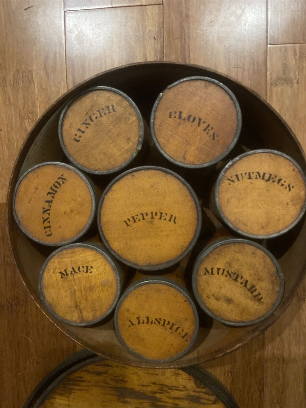 Antique Round Wooden Spice Box From 1870. 8 Total Spice “jars”
