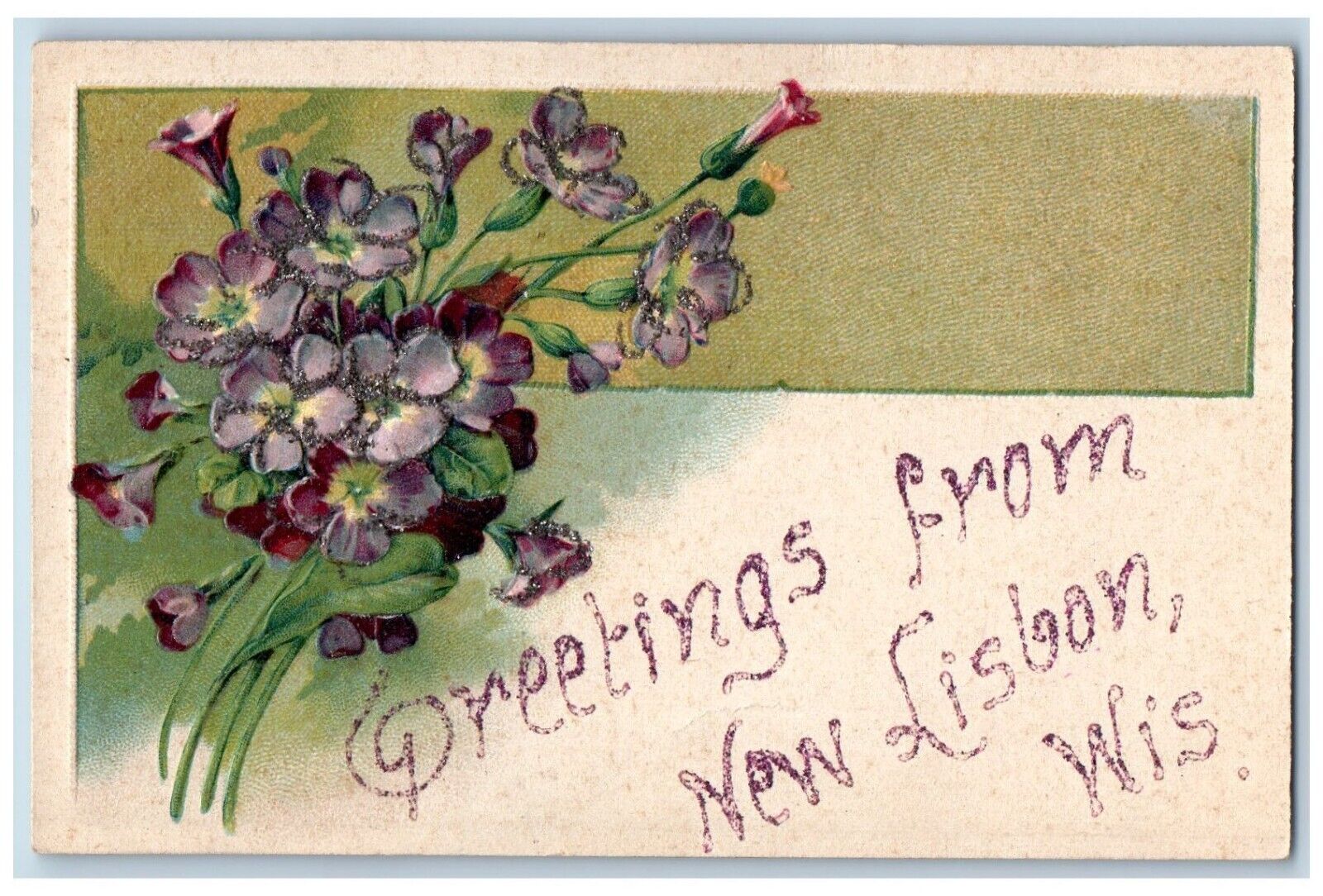 New Lisbon Wisconsin WI Postcard Greetings Embossed Flower Glitter 1910 Vintage