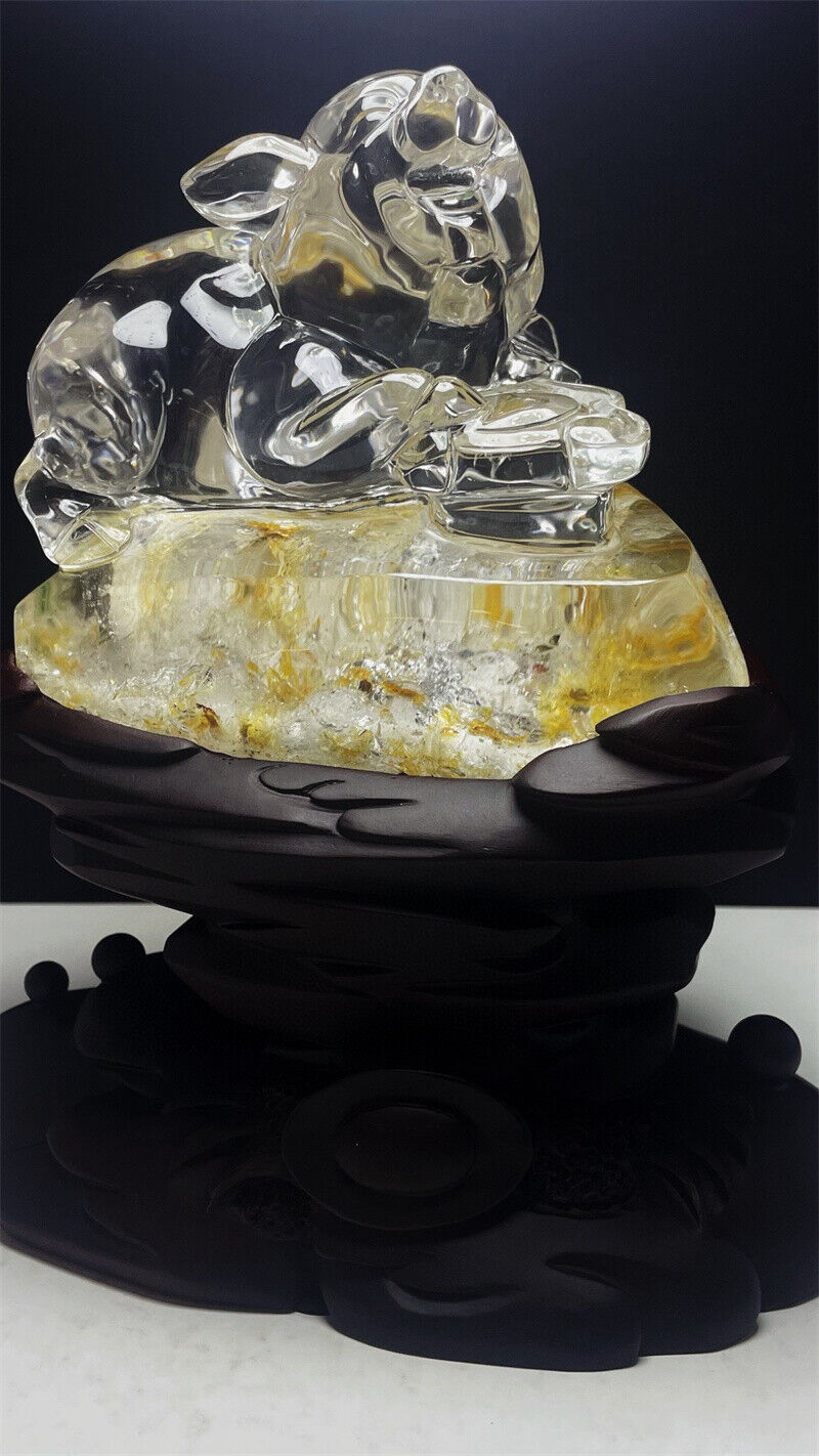 8.73LB Natural Yellow Gumflower Clear Quartz Crystal Carved Energy Skull+base