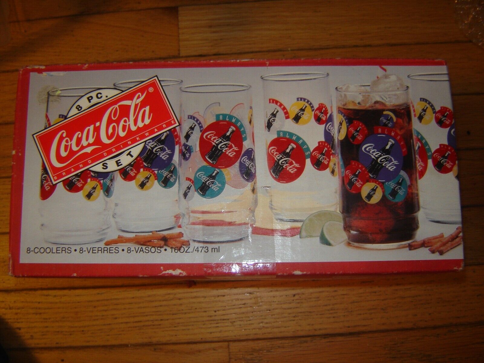 COKE Coca-Cola Always  8pc 16oz Cooler Glasses Drinkware set Indiana Glass NEW