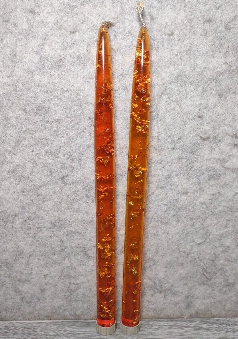 Vintage Lucite Candles Orange with Gold Flakes 11.5” Set of 2 MCM