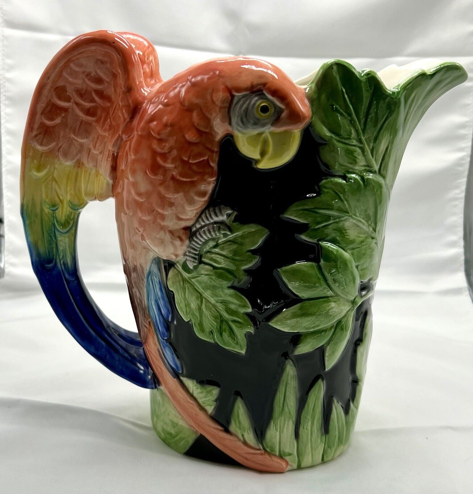 Vintage 1986 Fitz & Floyd Macaw Parrot Pitcher Hand Painted Ceramic Vibrant