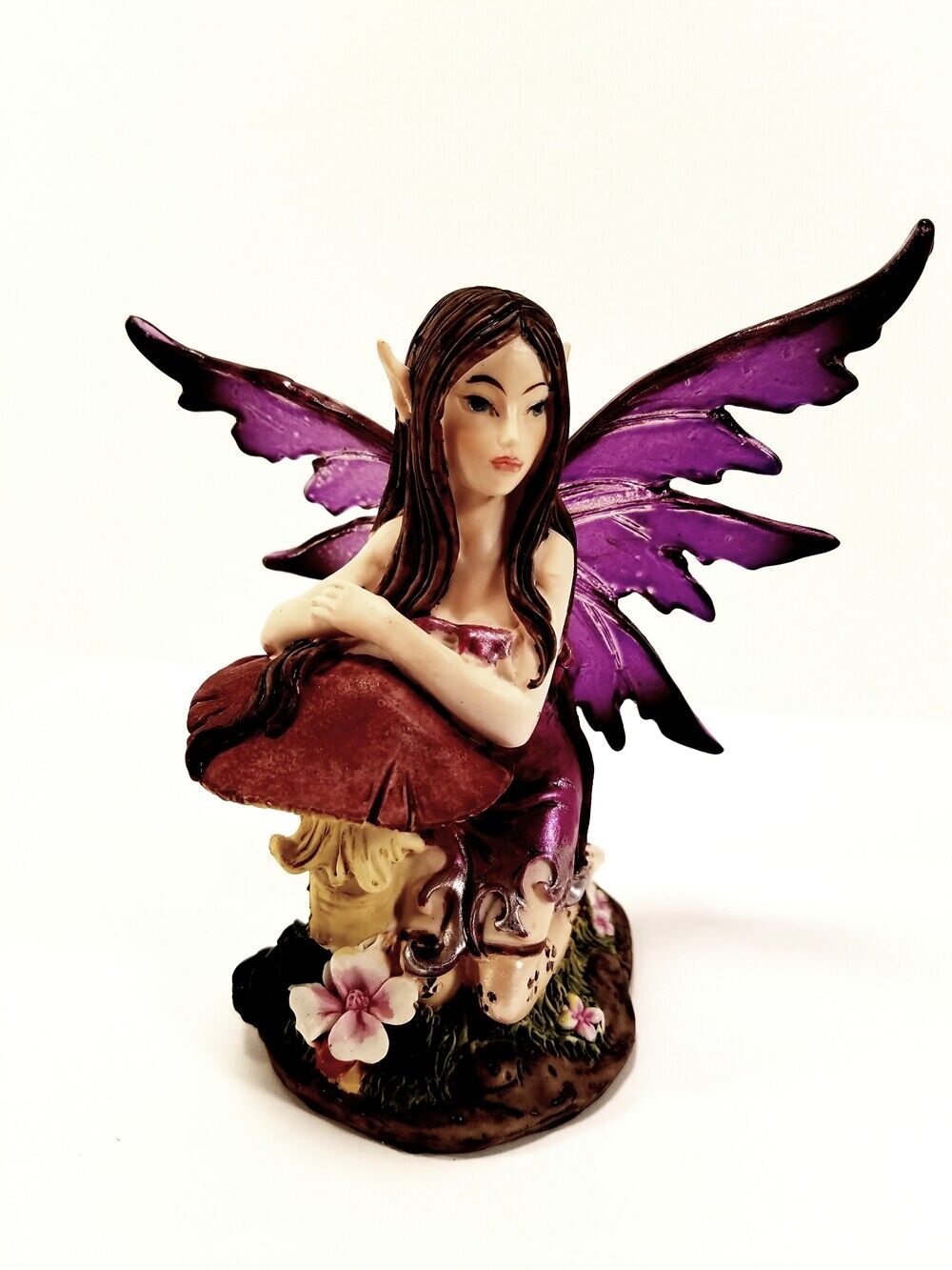 Purple Fairy Pixie Resting by a Mushroom / Purple Winged Fantasy Figurine