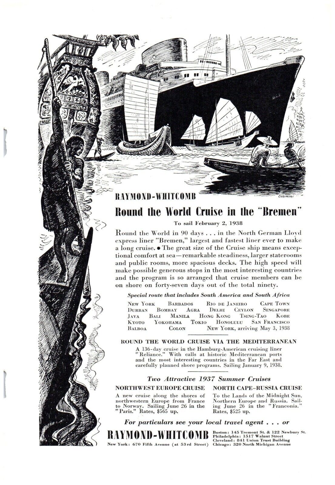 SS Bremen World Cruise Raymond Whitcomb New York Print Advertisement 1937