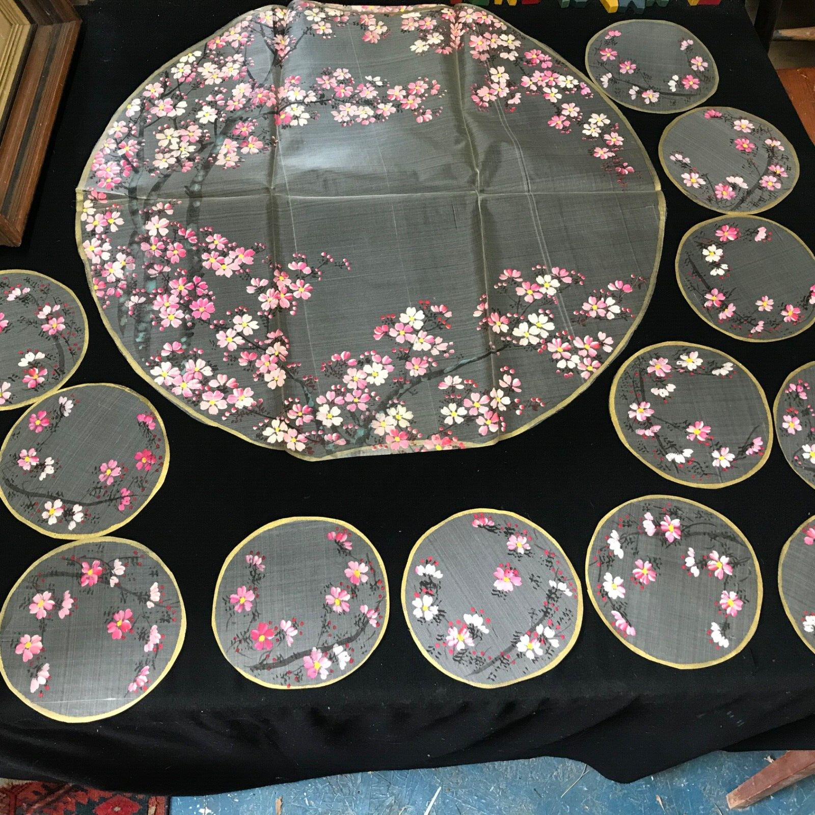 ANTIQUE JAPANESE PAINTED SILK CHERRY BLOSSOM DECORATED TABLECLOTH PLACE SETTING