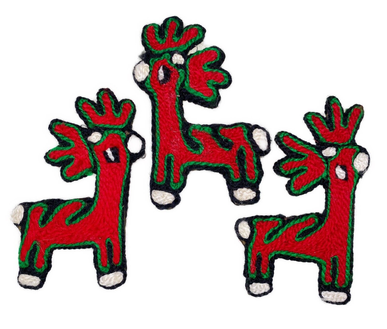 3 Reindeer Christmas Holiday 4.5” Ornaments Vtg Yarn Art Boho Craft Retro