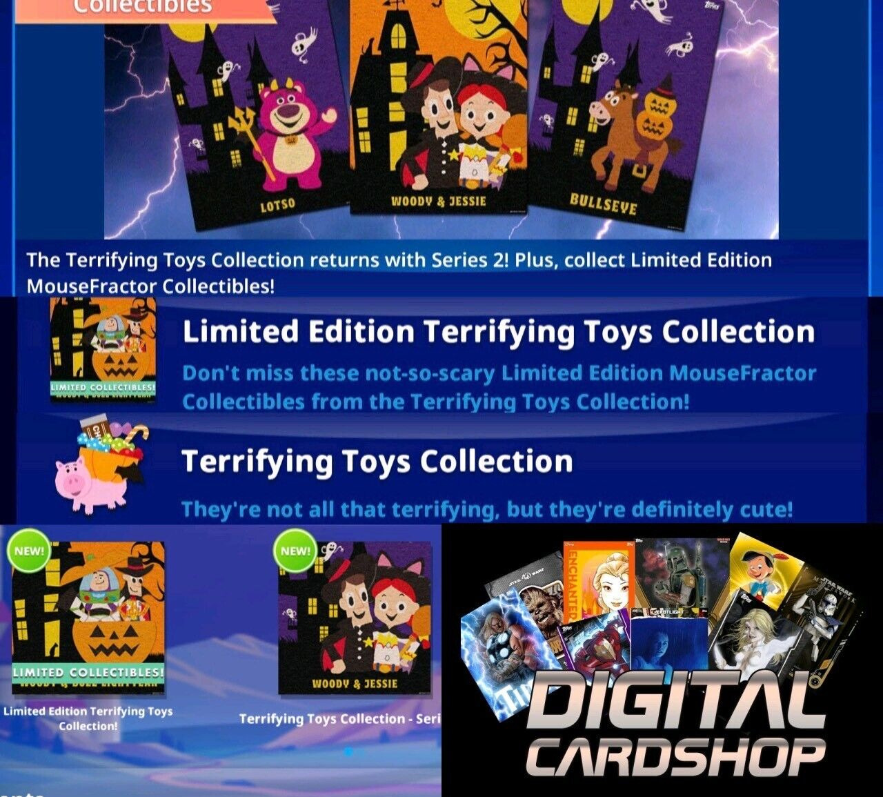 Topps Disney Collect Terrifying Toys Limited Edition S. 1 2 & Standard 54  Card