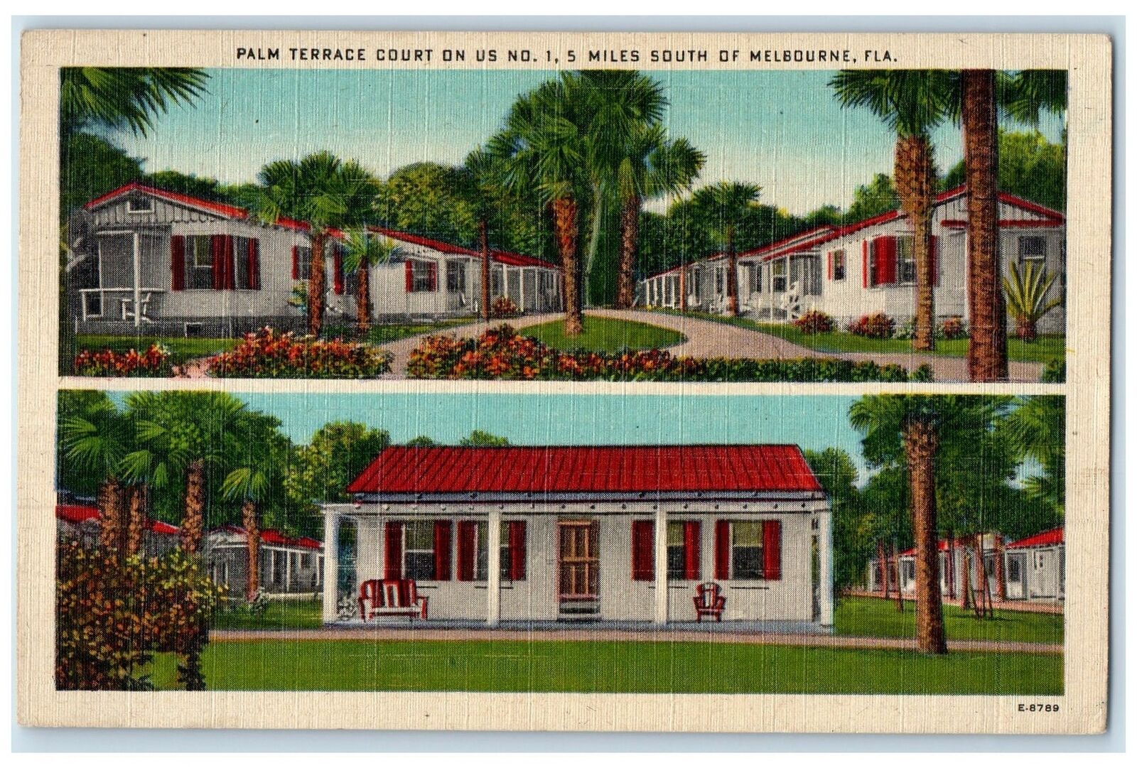 c1940's Palm Terrace Court Hotel Restaurant Cottages Melbourne Florida Postcard