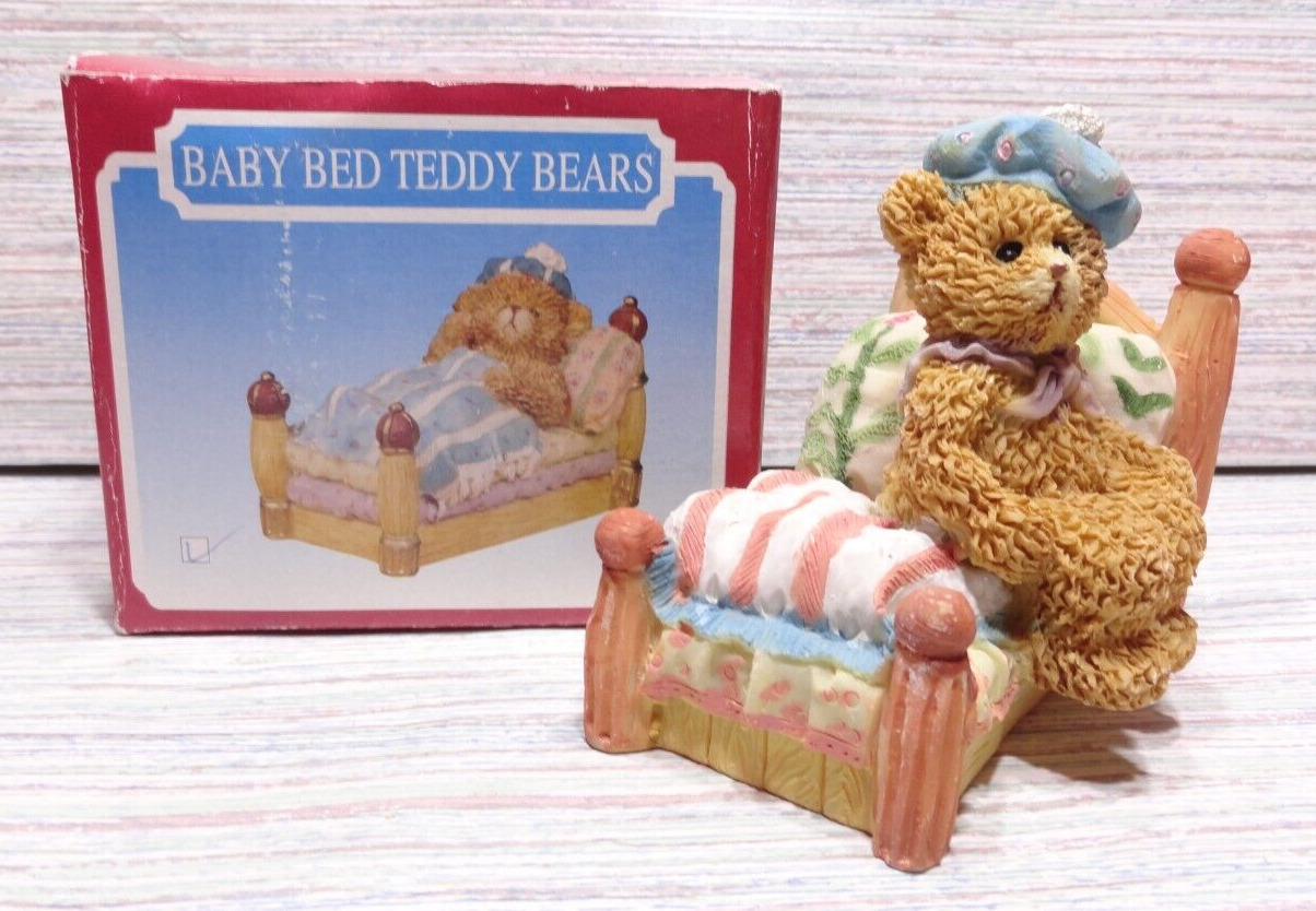Trippie\'s Inc 1997 Baby Bed Teddy Bear Vintage Christmas Figurine Blue Stripe