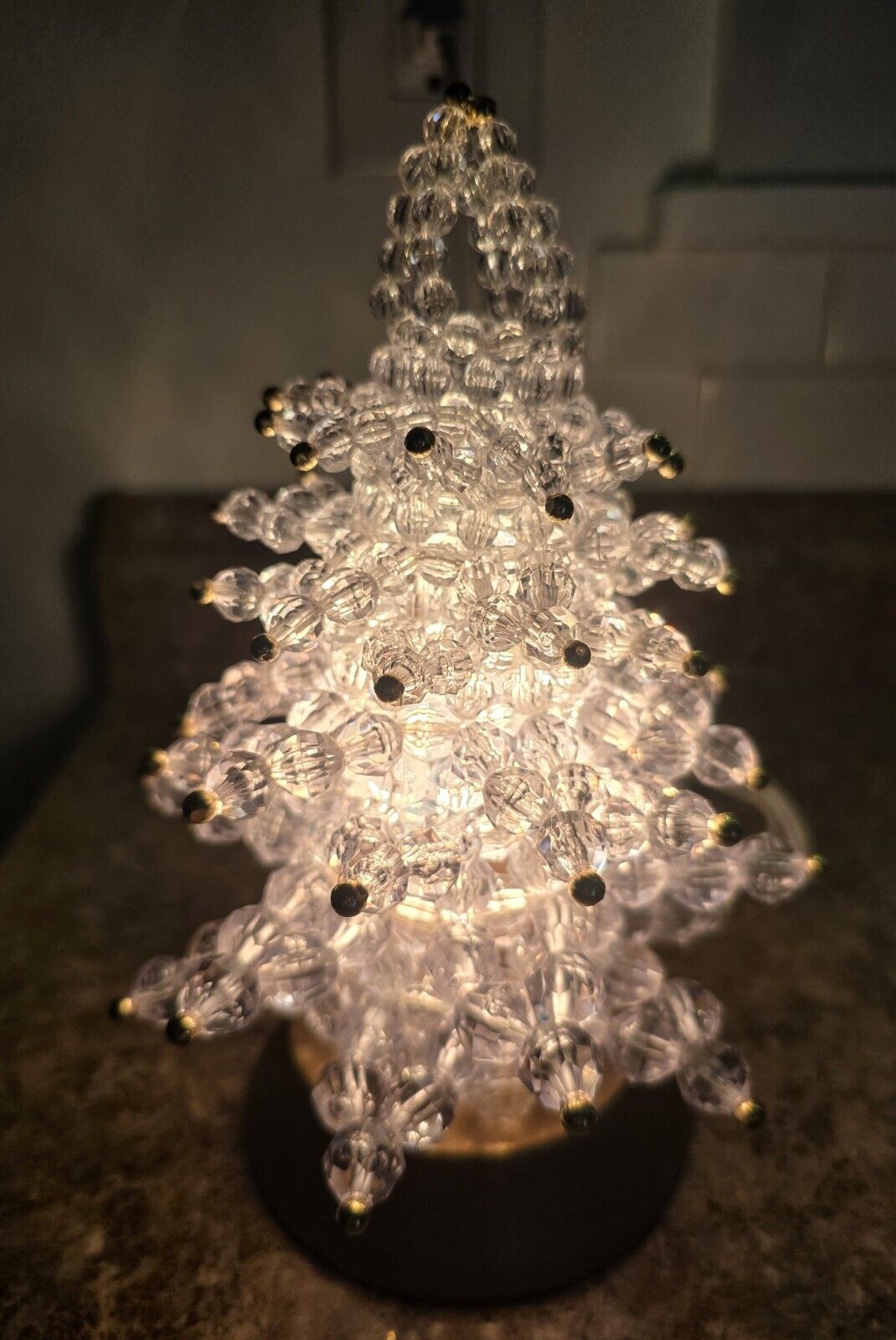 Vintage Handmade Clear Plastic Beads &  Light Up Stand Christmas Tree