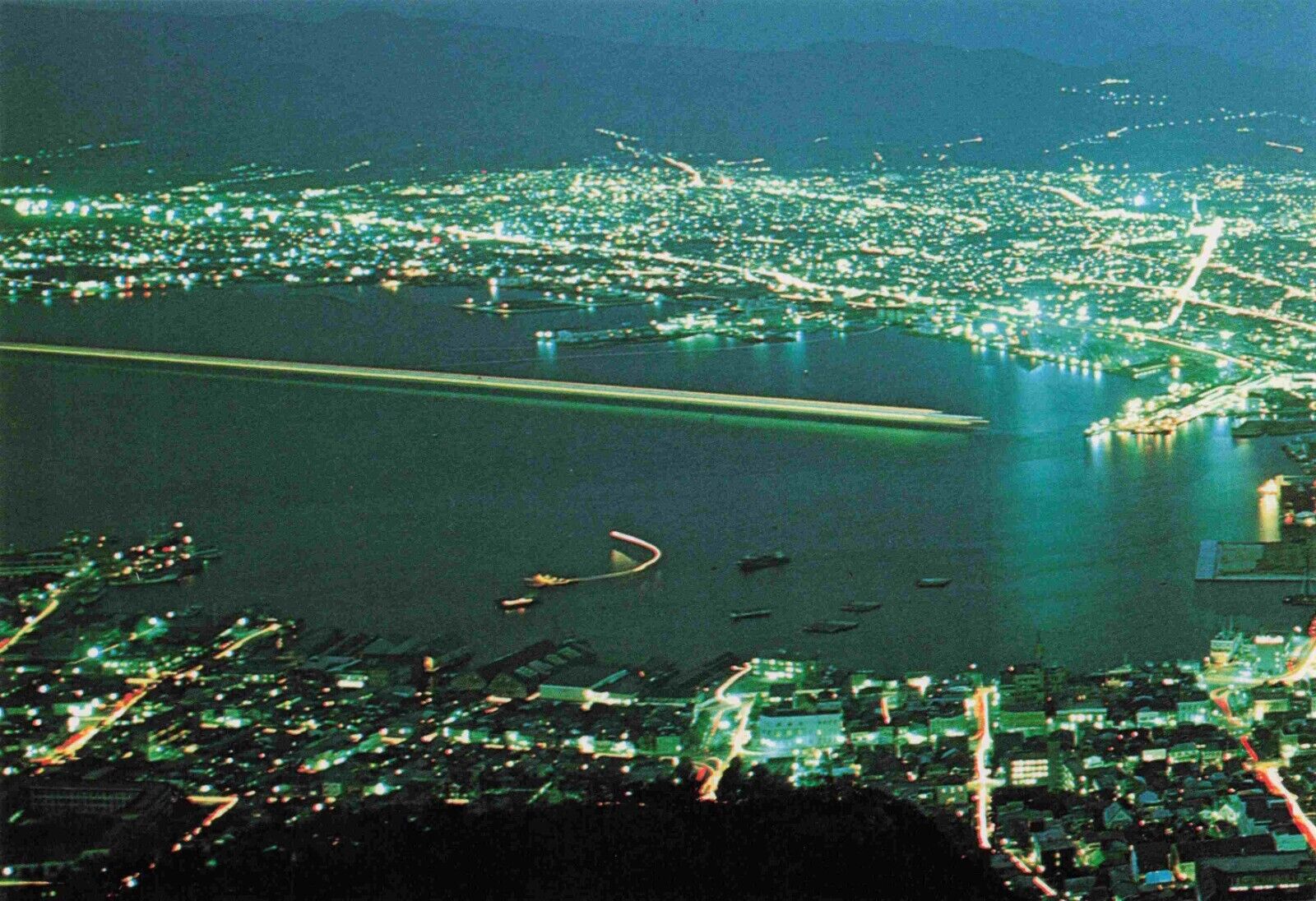 Hokkaido Japanese Postcard - Night View of Hakodate Bay Nippon Stamp 40 Vtg #57