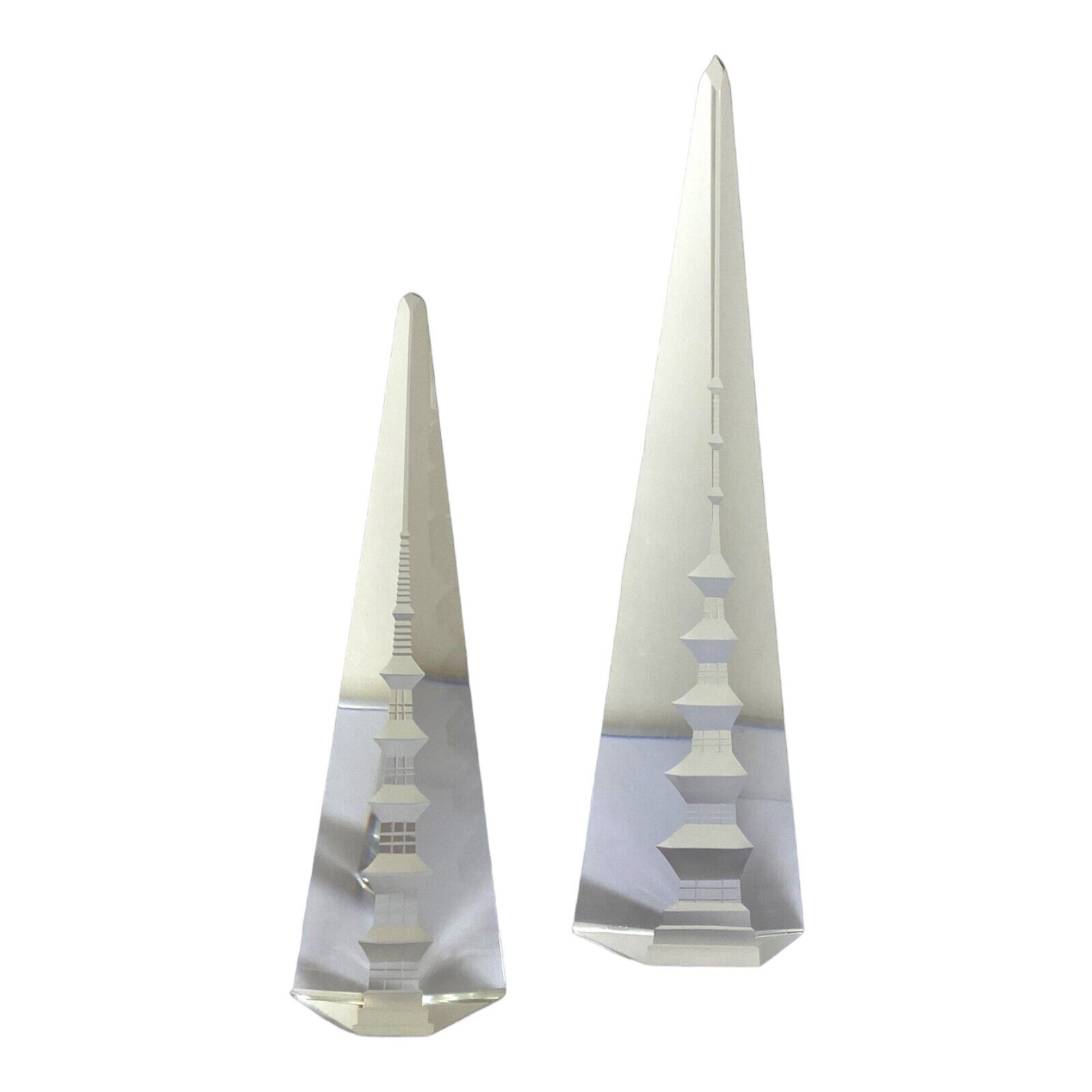 Rare Pair Of Pagoda Towers Hand Cut Obelisk Crystal Reverse Cut 8.5 & 12”