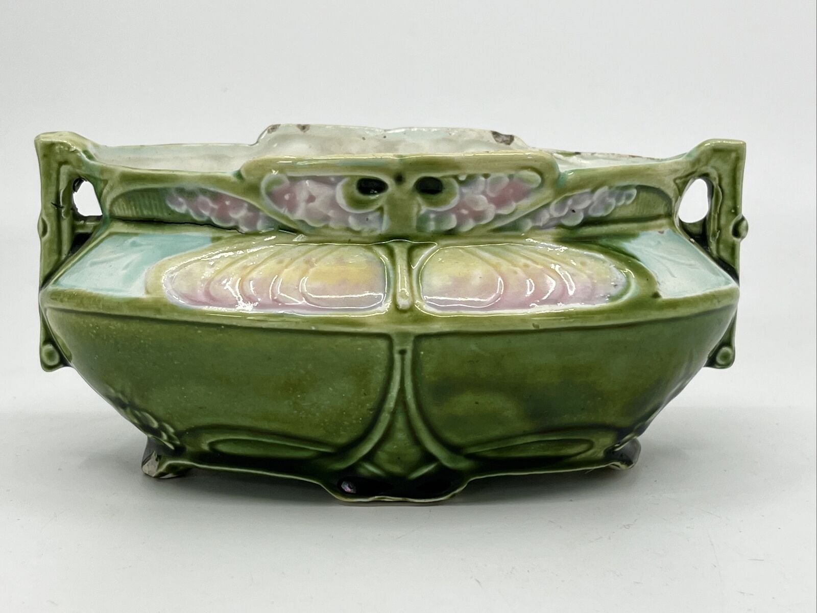 Antique Art Nouveau 6” Oval Porcelain Jardiniere Majolica Planter Handles
