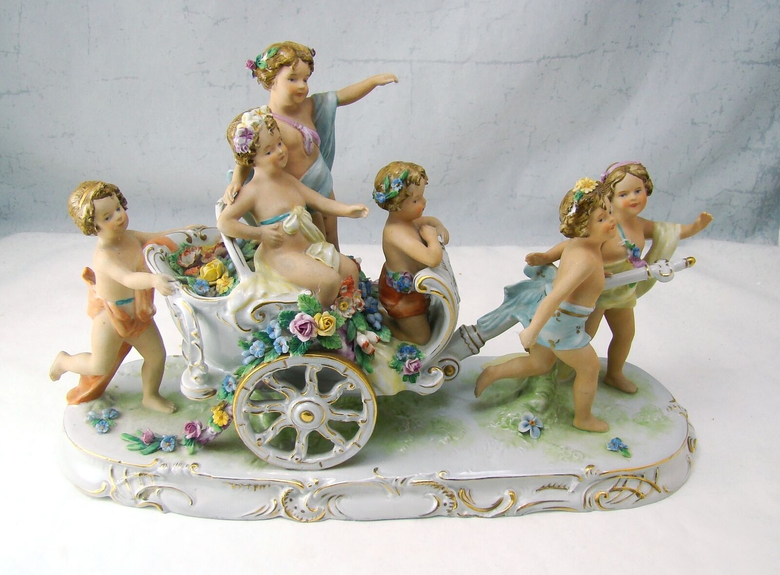 Scheibe Alsbach Germany Children Pulling Flower Chariot Porcelain Figurine Group