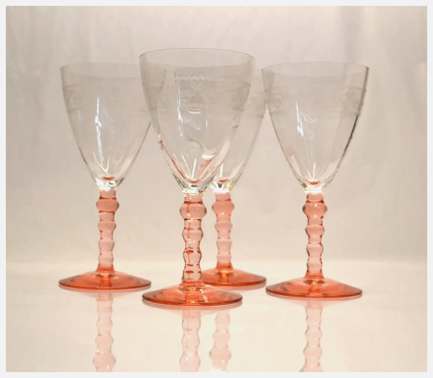 4 Vintage Pink / Clear Etched Wine Glasses / Goblets by Central Glass Works