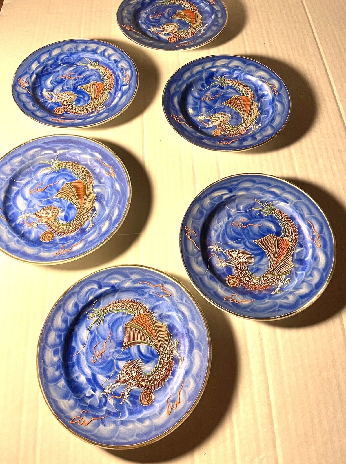 Set/10 Pc Blue Hand Painted Dragonware Moriage Decorative 6-7” & 4-5.5”Plates