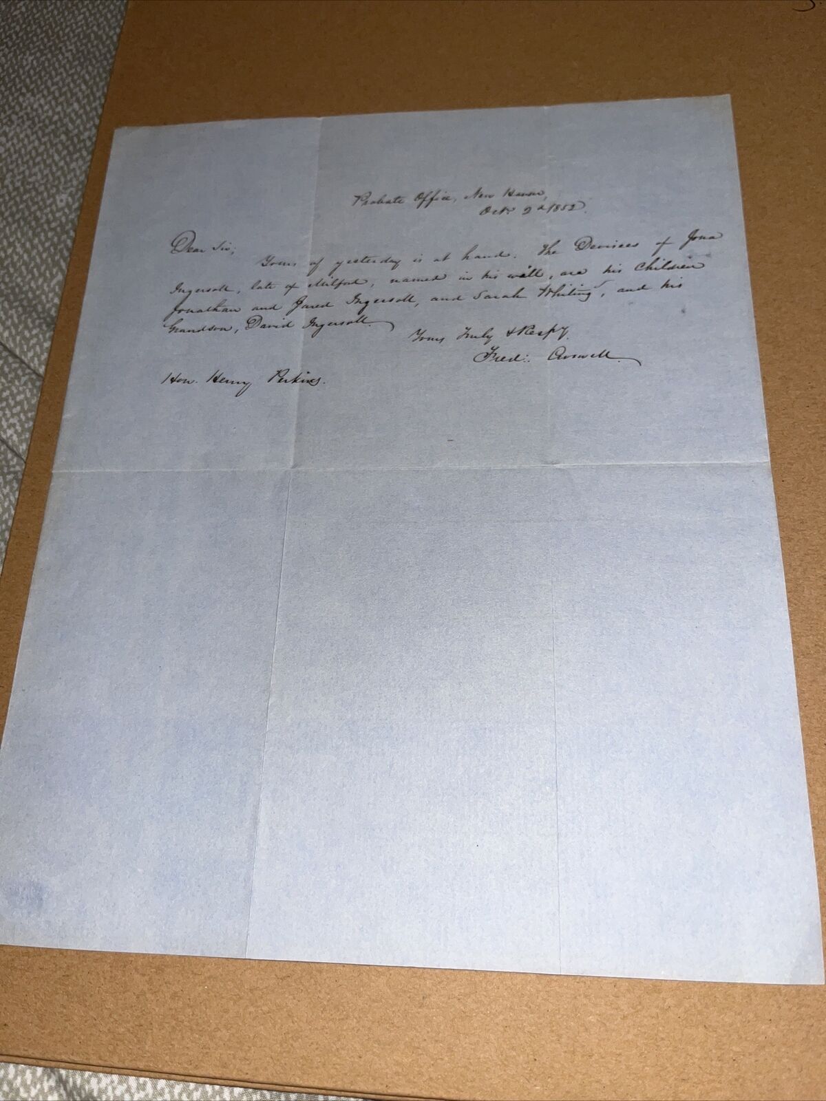1852 New Haven CT Probate Office Letter on Genealogy: Jona Ingersoll Milford