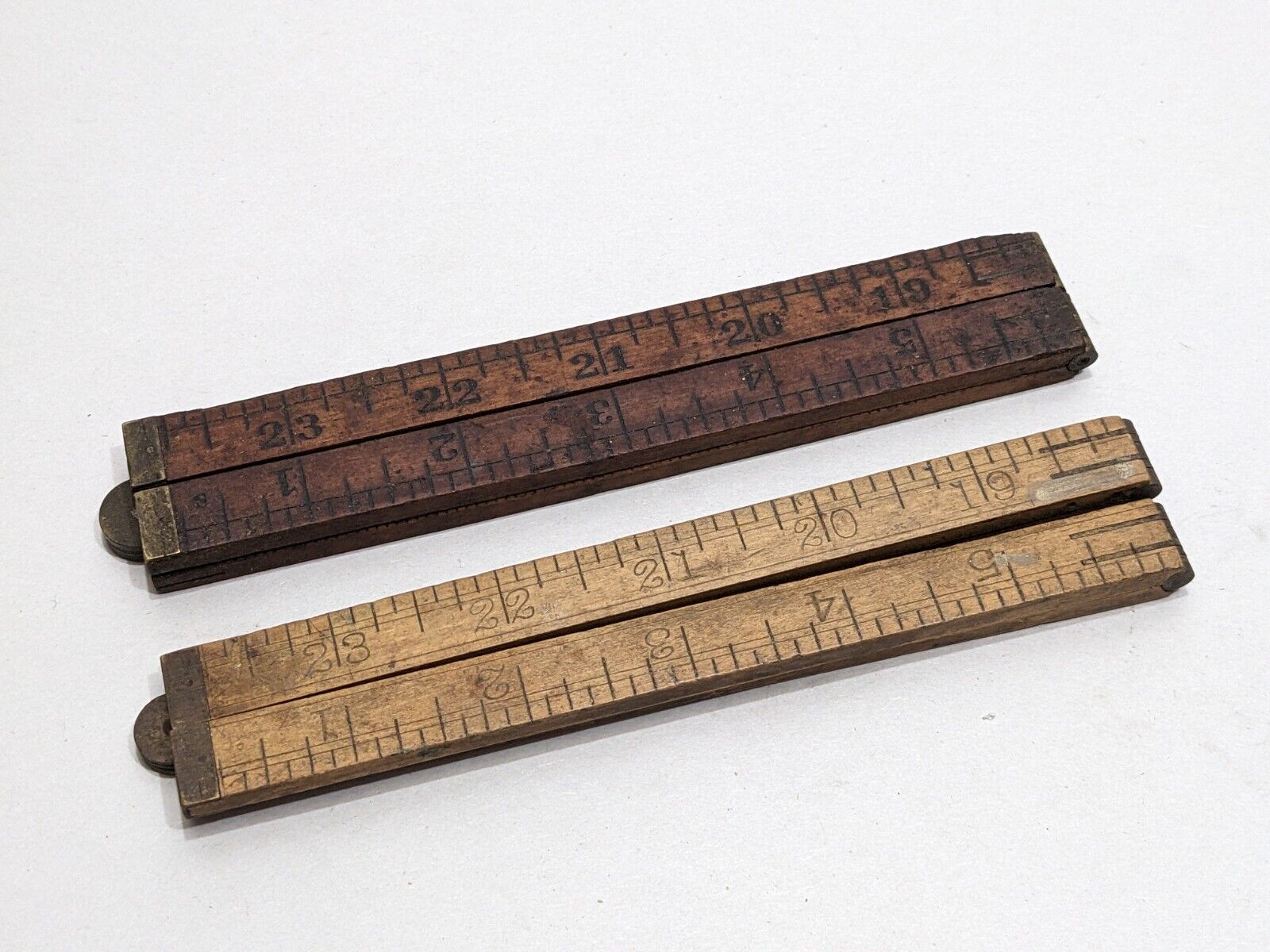 Lot of Two Vintage Wood & Brass Rulers Lufkin Boxwood No. 651 & Unbranded No. 68