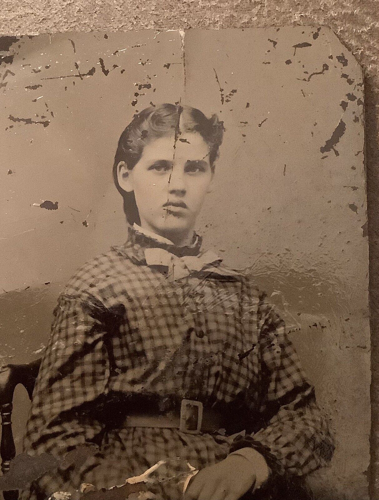 Small Daguerreotype Tin Type 6th Plate Seated Young Woman In Plaid Belted Dress