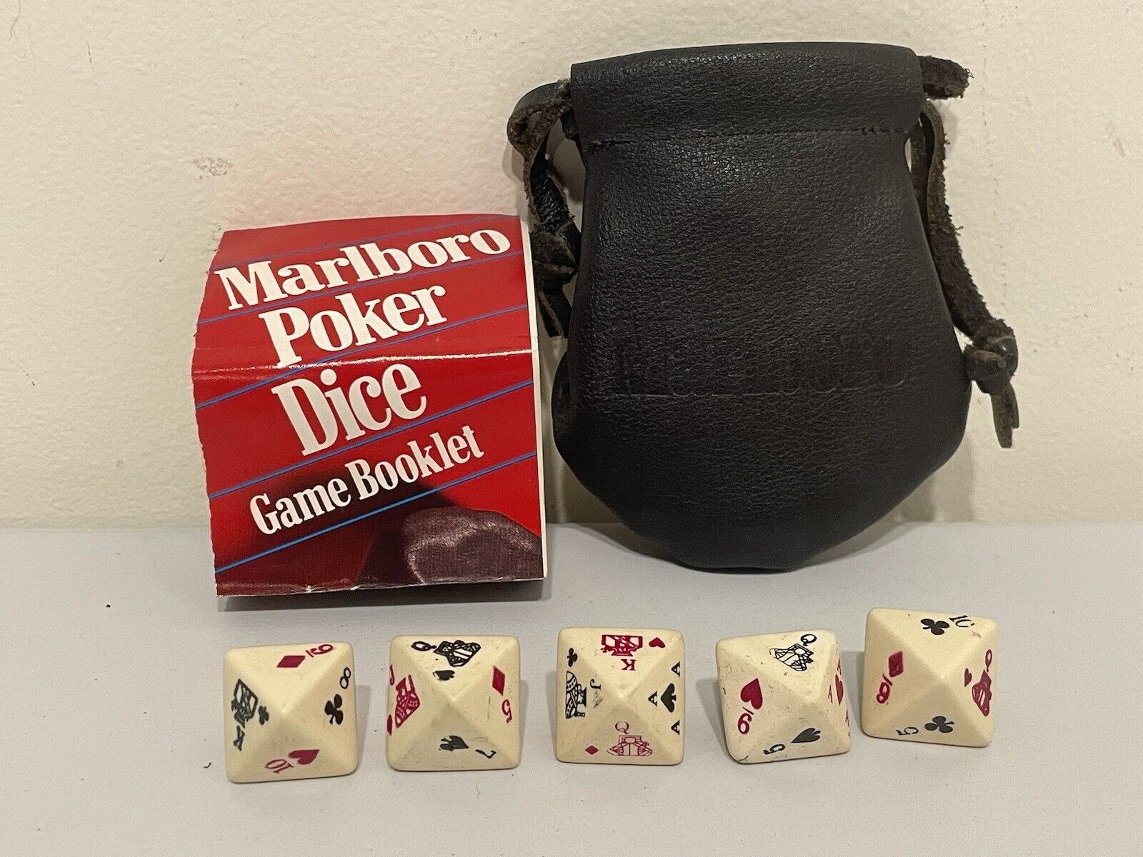  Vintage Marlboro Poker Dice Set With 5 Dice Game Booklet and Blk. Leather Pouch