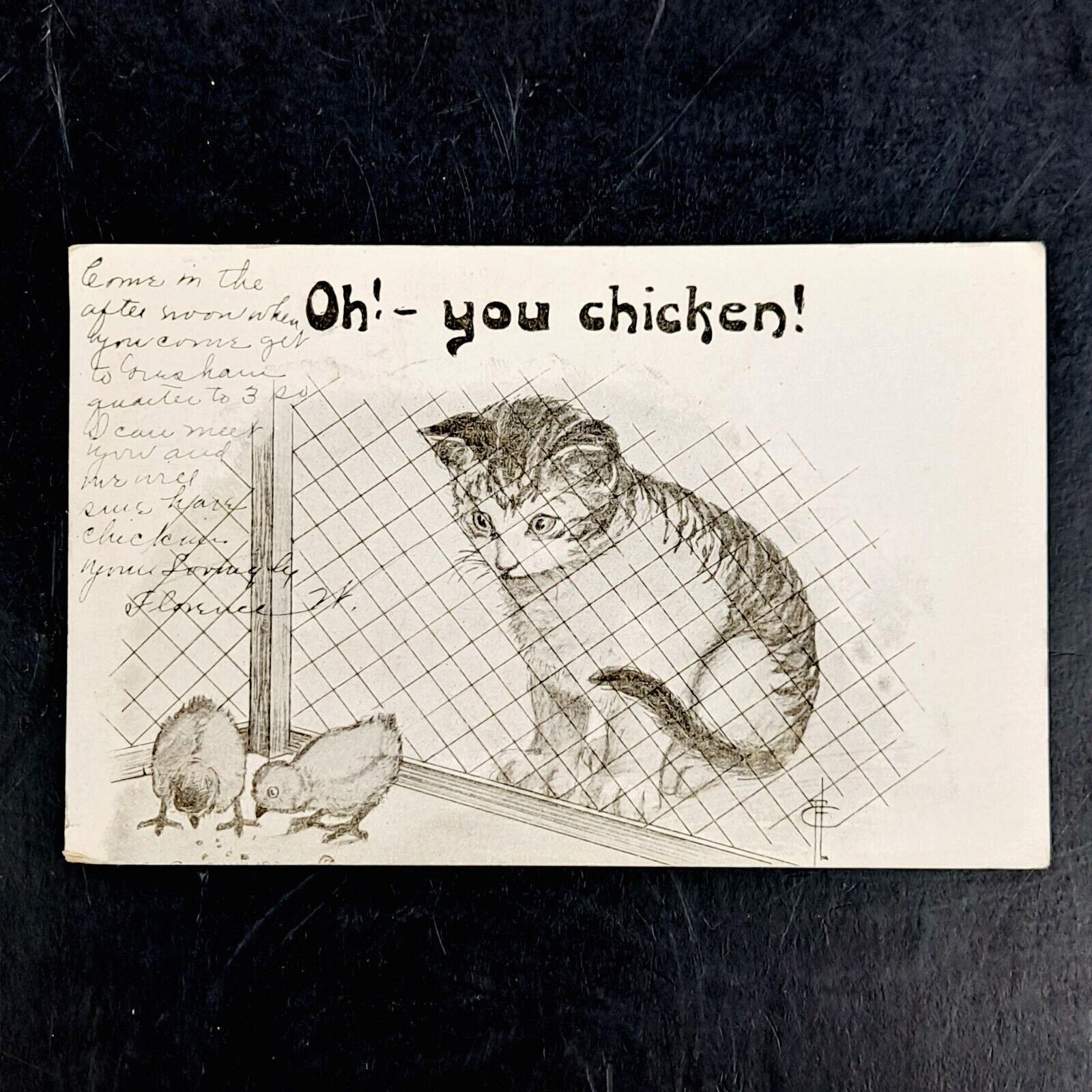 ANTIQUE 1911 FRED CAVALLY POST CARD KITTEN CHICKS OH - YOU CHICKEN POSTCARD