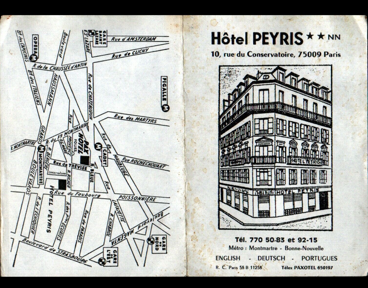 PARIS (IX°) HOTEL PEYRIS / tract with METRO PLAN & district period 1960-1970