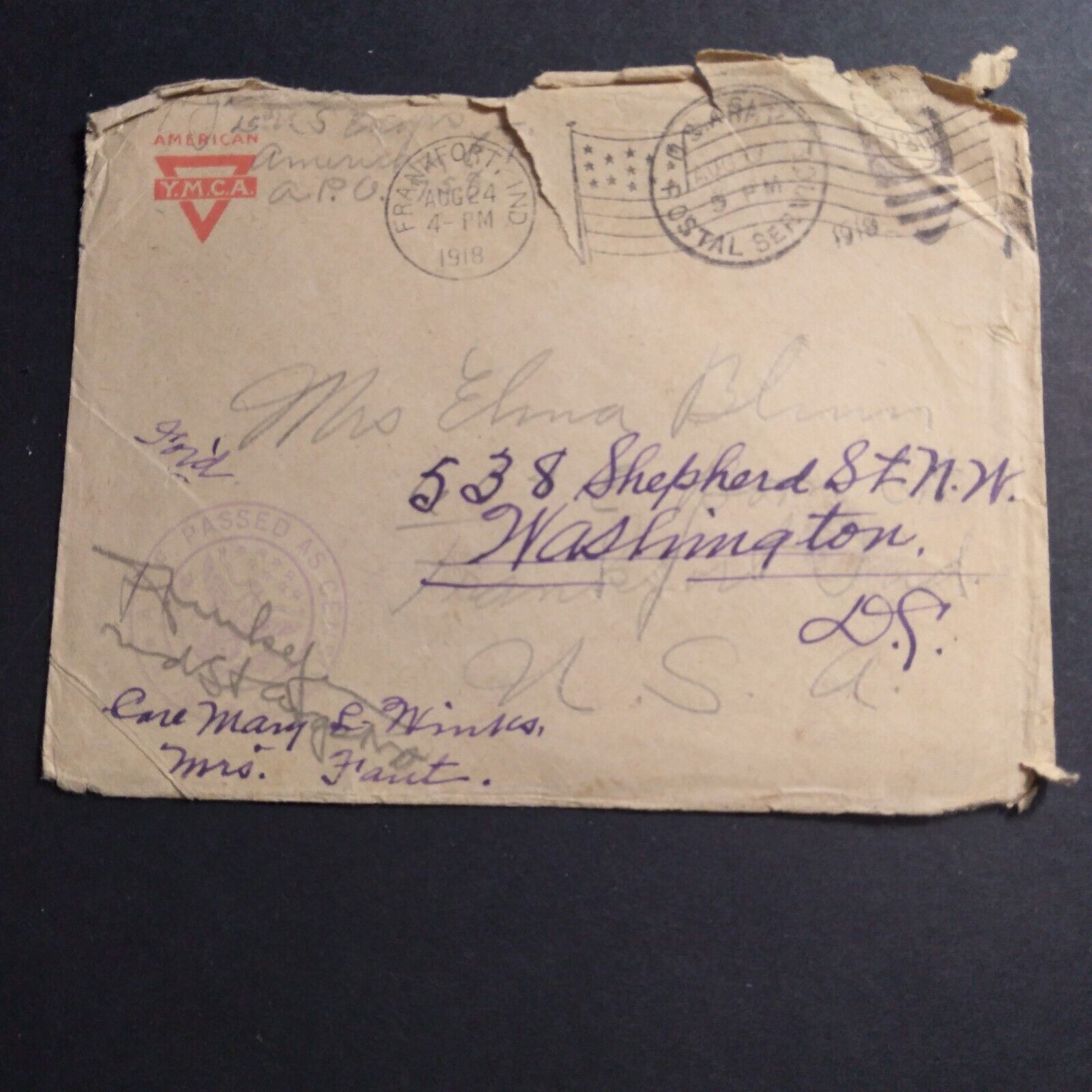 Censered Soldier's Mail Cover From WW1 YMCA Contributed Stationary. Flag Cancel