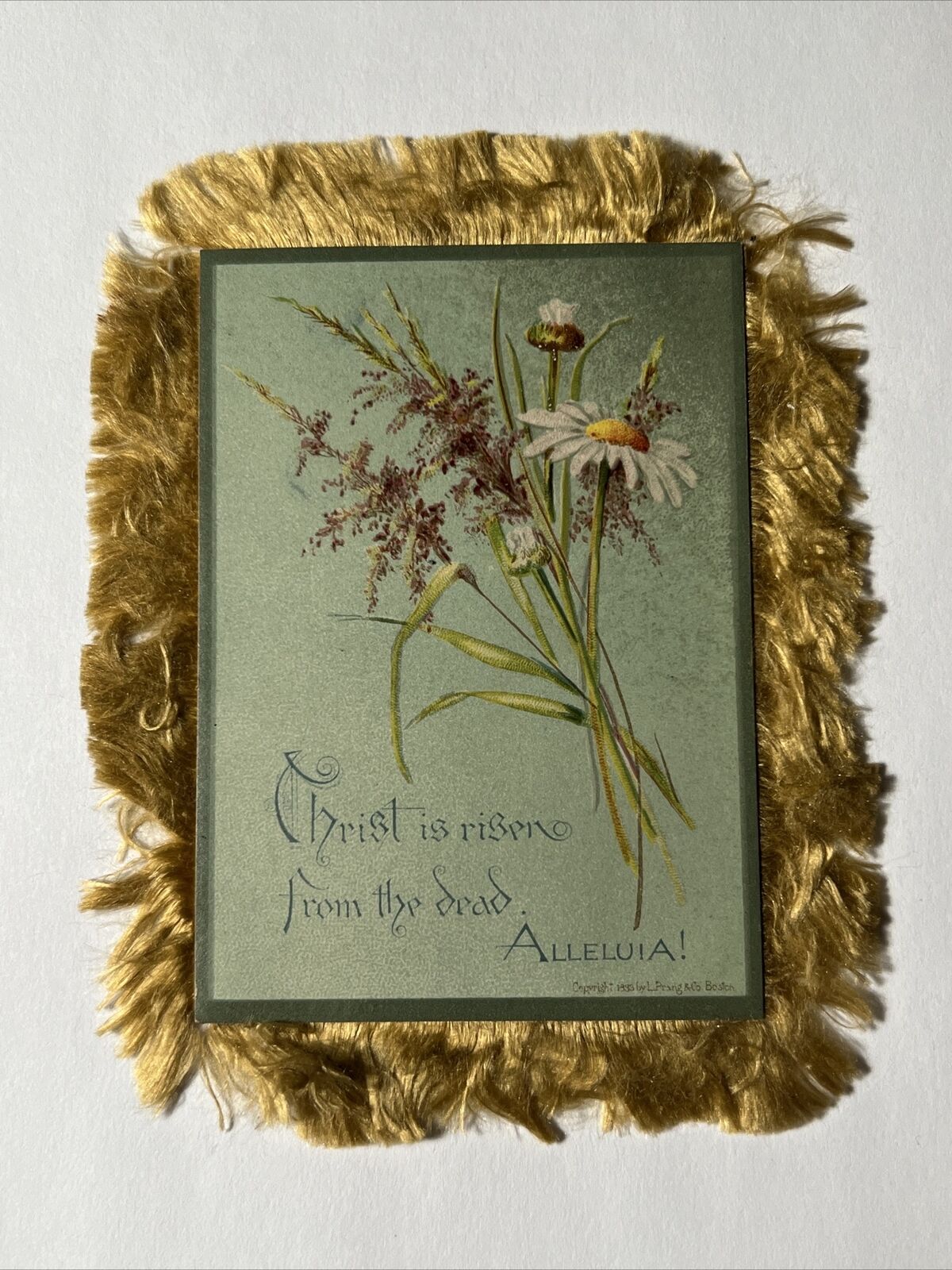 EASTER GREETINGS 1880s Victorian SILK die cut FRINGE Card Floral GOLD