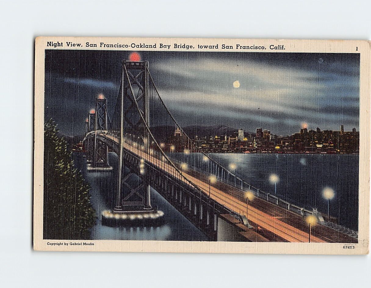 Postcard Night View, San Francisco-Oakland Bay Bridge, toward San Francisco, CA