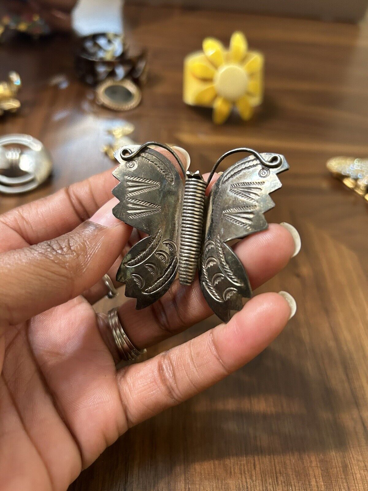 Vintage Early 1900’s Navajo Stamped Sterling Silver Butterfly Pin w Twisted Wire