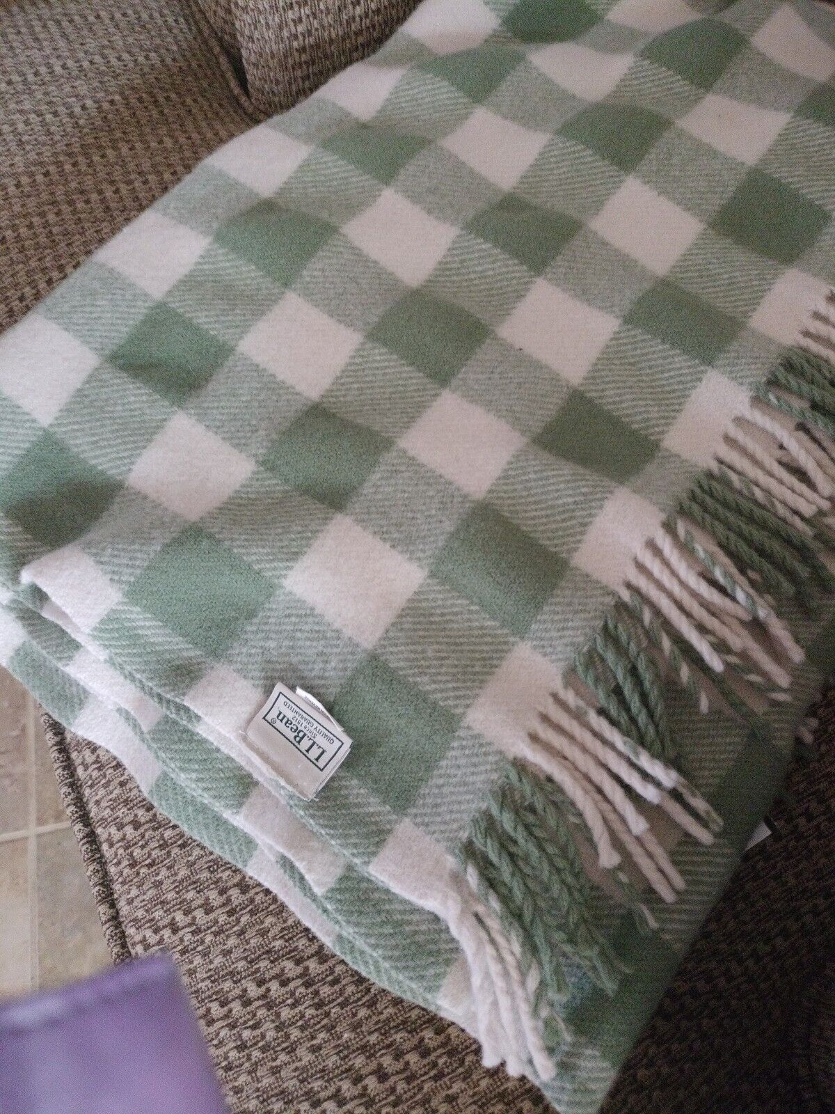 Vtg LL Bean Wool Blanket Green Plaid Large 54 x 66\