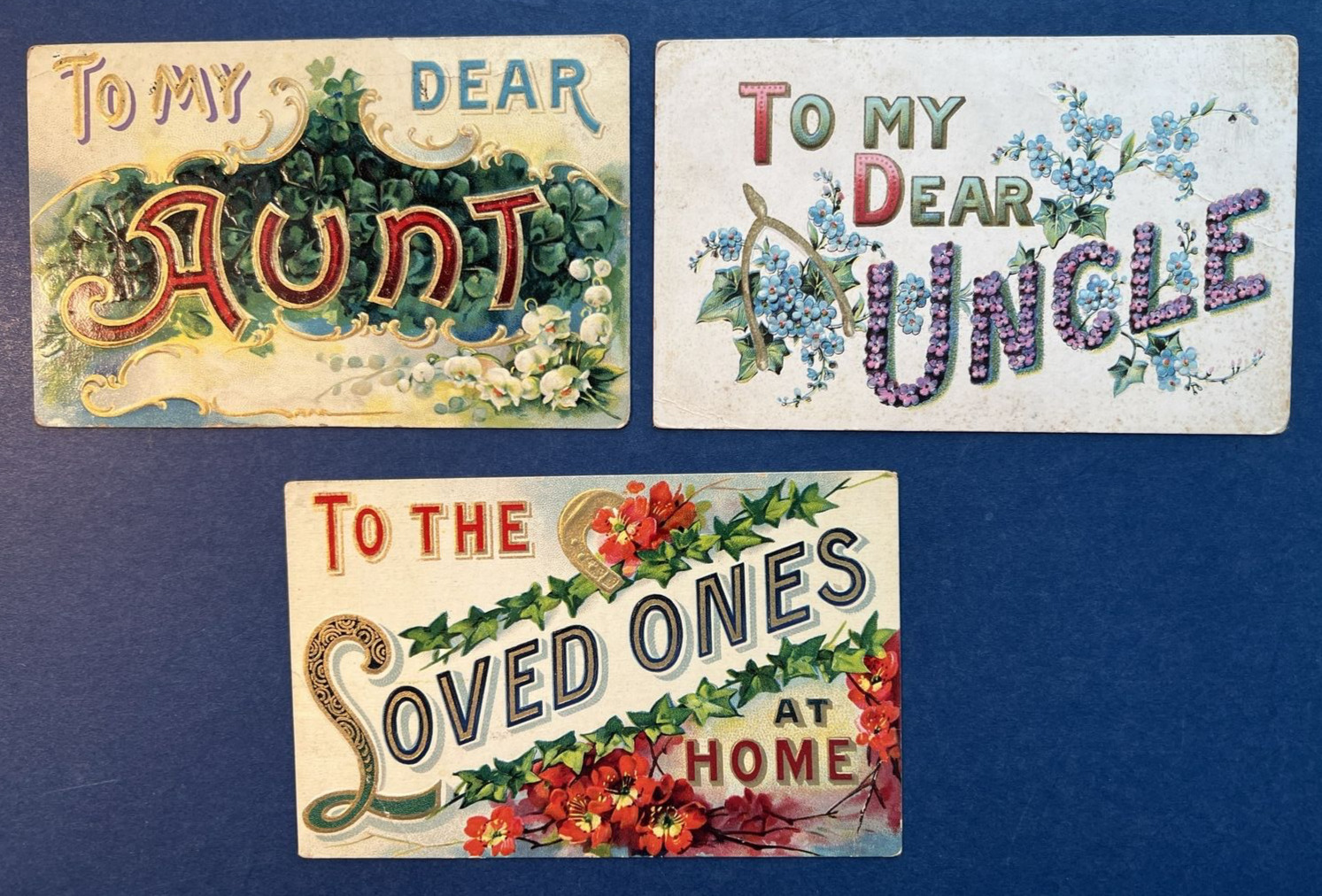 3 Aunt & Uncle Greetings Antique Family Postcards. EMB, Gold. Flowers