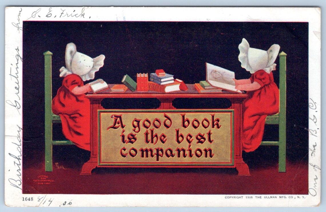 1906 SUNBONNET GIRLS A GOOD BOOK IS BEST COMPANION ULLMAN MFG ANTIQUE POSTCARD