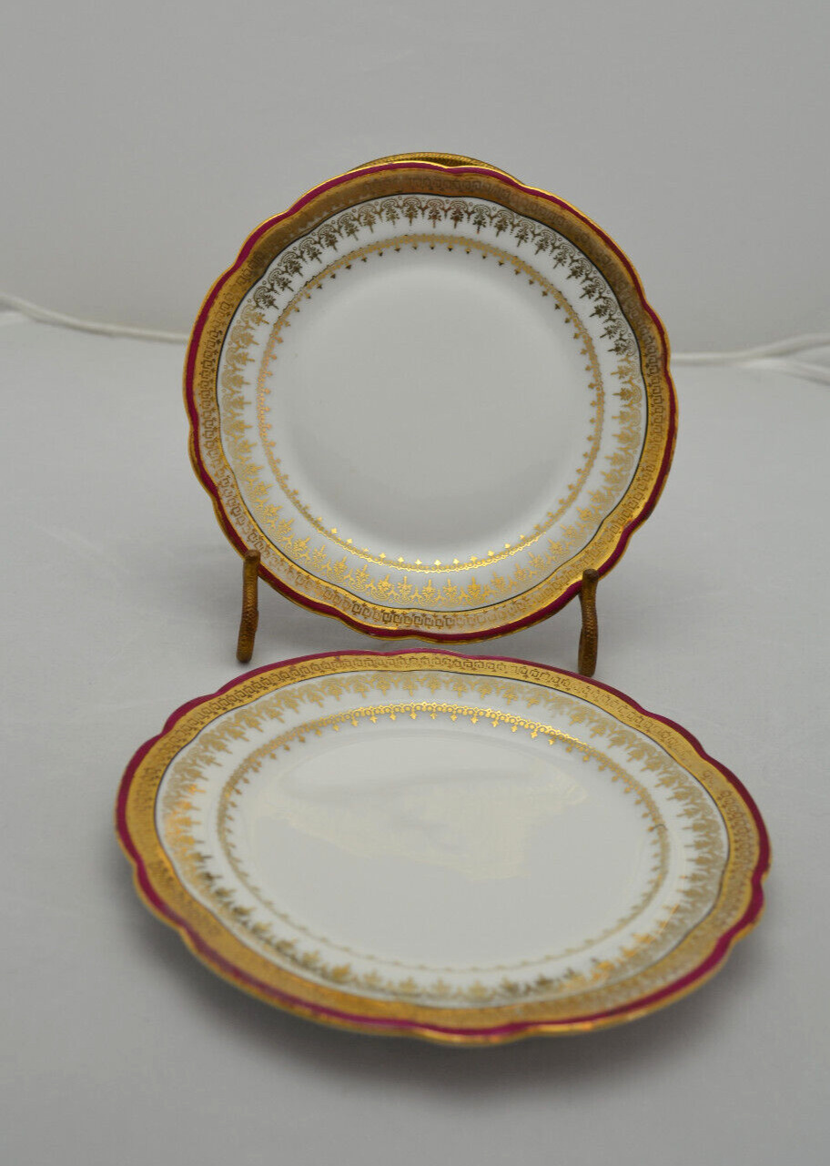 Antique Higgins & Seiter NY Set of 2 Gold Trim Bread Plates White Maroon Austria