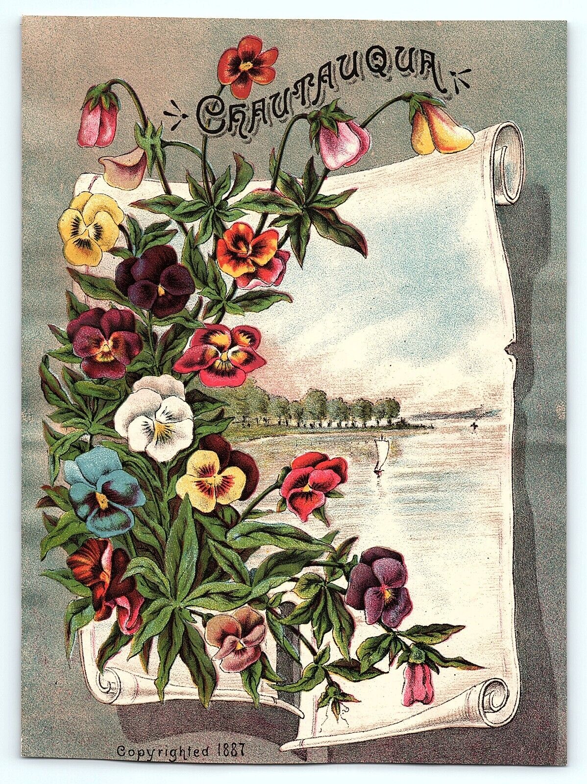 1887 Vintage Victorian Trade Card Chautauqua Lake New York Sail Boat Flowers